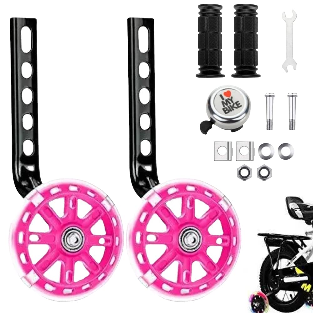 HIULLEN Stabilisers for Childs Bike, Kids Bike Stabilisers Bicycle Training Wheels for Boys and Girls with Bell & 2 Grip for 12 14 16 18 20 Inch Bikes, Flash Mute Wheels (Pink)