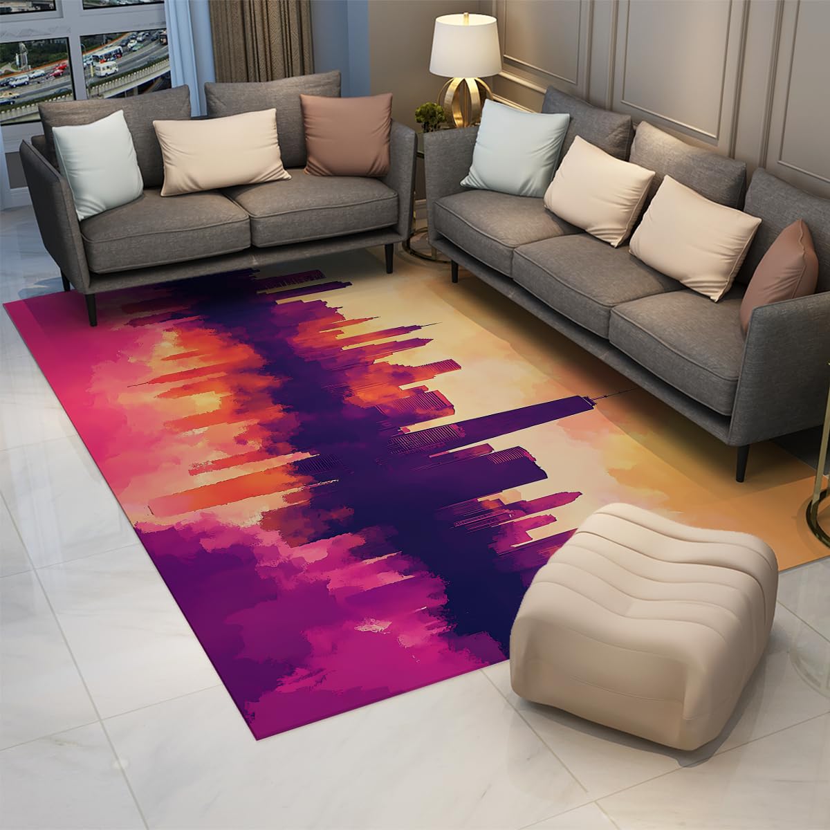 Zachód słońca pejzaż miejski panorama dywan do salonu 120 x 160 cm zmywalny niski runo | Ciepłe kolory zachodu słońca i sylwetki miasta dywan do salonów, mieszkań, studiów i biur