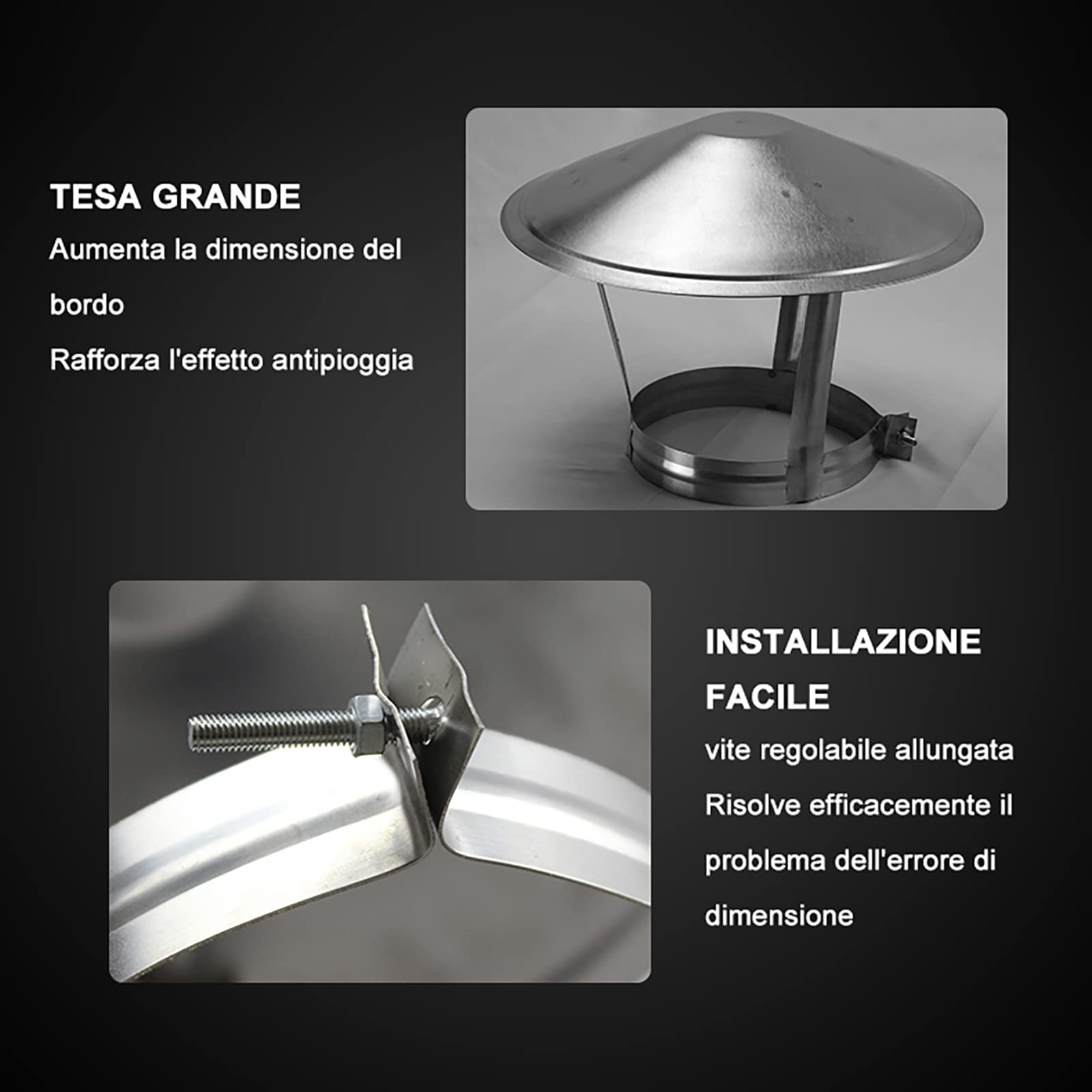 Terminale in Acciaio Inox per Canna fumaria, Tappo per Camino, Tappi per canne fumarie, Fumaiolo Cappello, con Regolabile Viti, Cappuccio Antipioggia per Camino (100mm/3.93in)