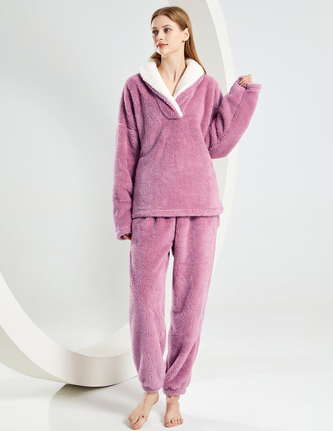 Women's Fluffy Loungewear Sleepwear Lounge Casual Pajamas Sets Loose Long Sleeve Fleece Pullover and Pants Set - Image 5