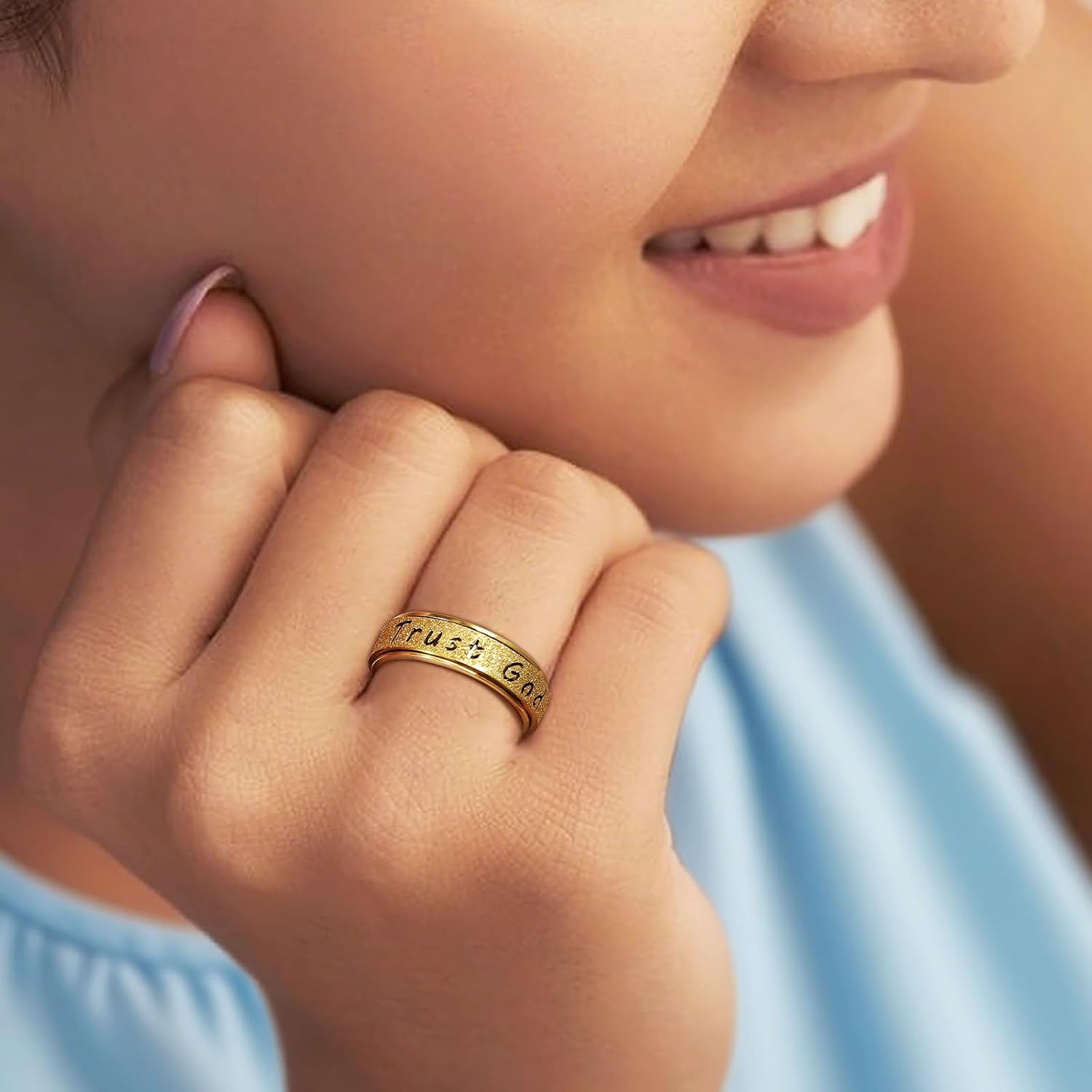 AmorArtSky Trust God Fidget Spinner Ring for Women & Men - Anxiety Relief 18K Gold Plated Stainless Steel, Hypoallergenic Fidget Gift for Her,Size 6/7/8/9/10