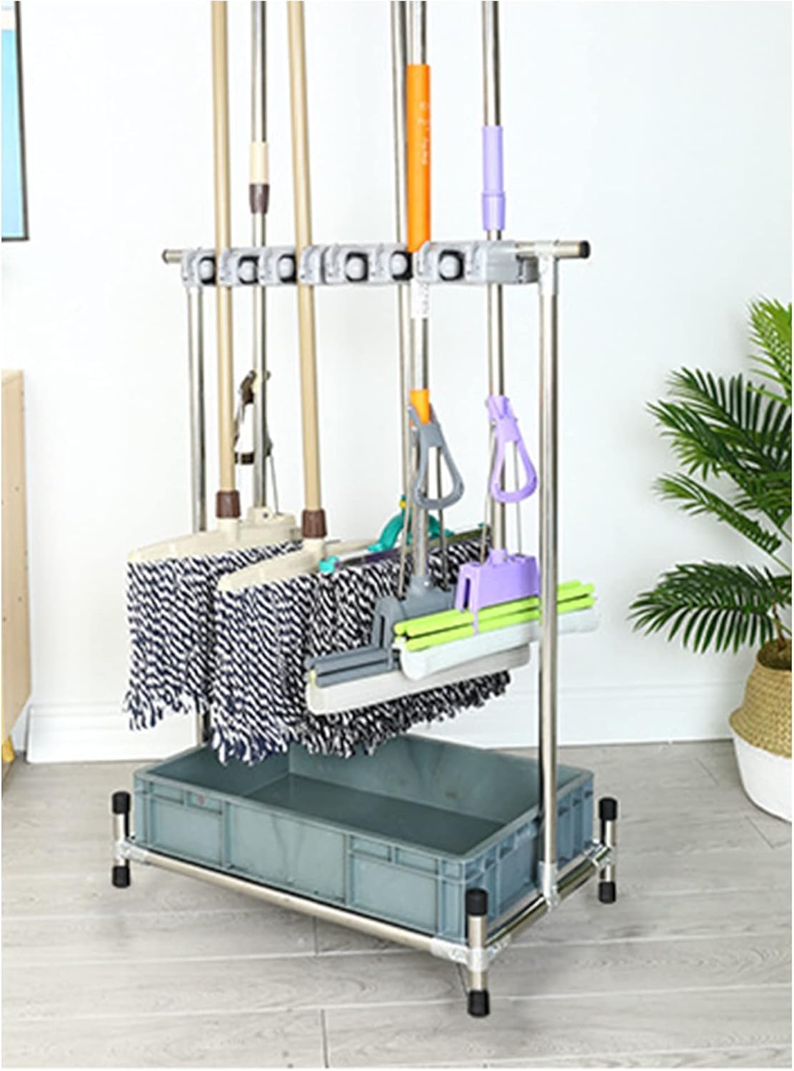 ASerZenith Movable Broom Mop Holder,Commercial Mop Rack, Cleaning Tool Cart,Housekeeping Supplies Organizer, Garden Tool Storage,Mop Drain Rack Can Put Wet Mops,With Gray Tray,Garden Clo,Grey-8Slots
