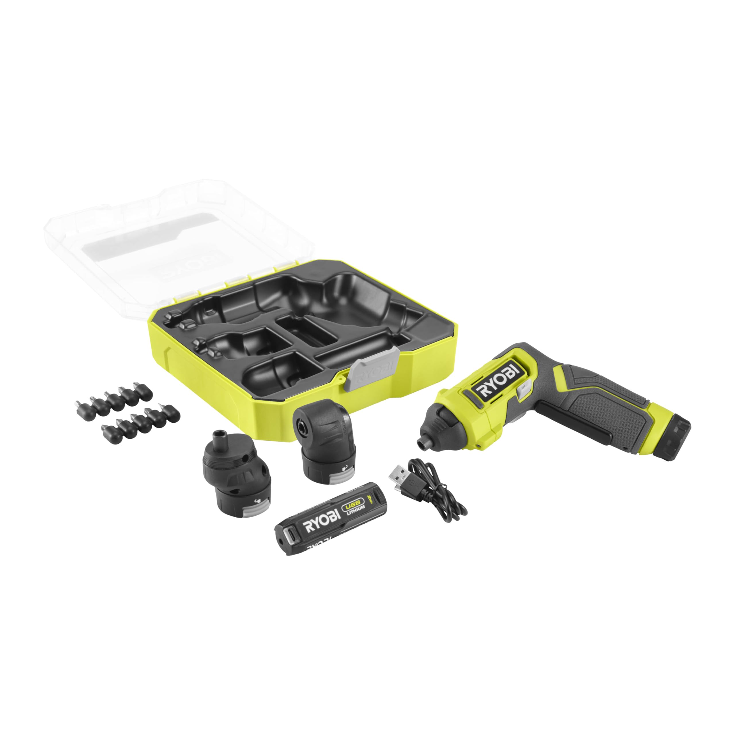 RYOBI Tournevis 4V USB Lithium RSD4-120TA2 Têtes Interchangeables Batterie 2,0Ah & Câble
