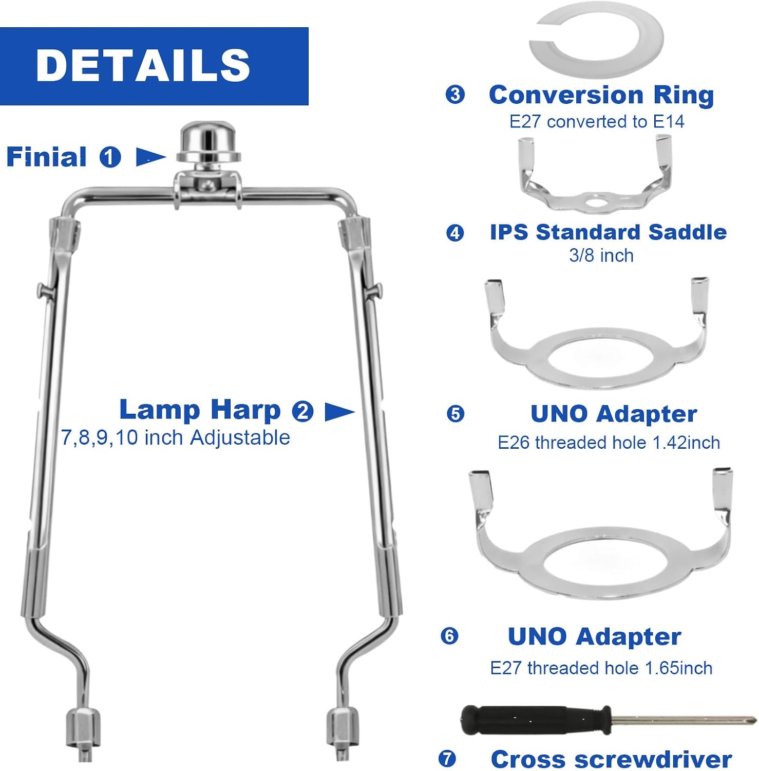 Lamp Shade Harp Holder Kits Adjustable 7" 8" 9" 10" fit for Standard 1/8 IP, E14, E26, E27 Lamp Harp Saddle with Lamps Finials, Screwdriver, Metal Lampshade Bracket Decorative Accessories - Silver