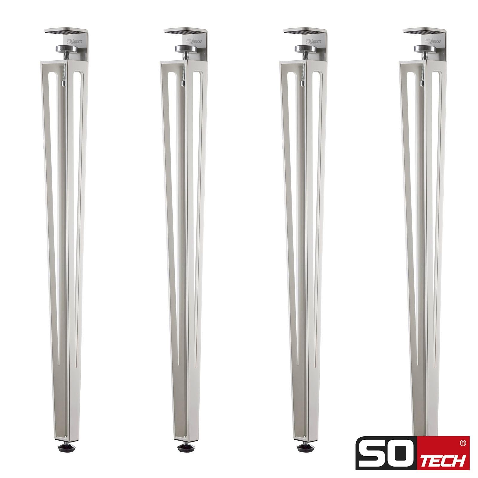 SOTECH lot de 4 pieds de table en forme de F hauteur 745 mm réglables blanc coniques de 70 à 40 mm avec vis de serrage (sans perçage) pour table de cuisine, table à manger, table de bureau