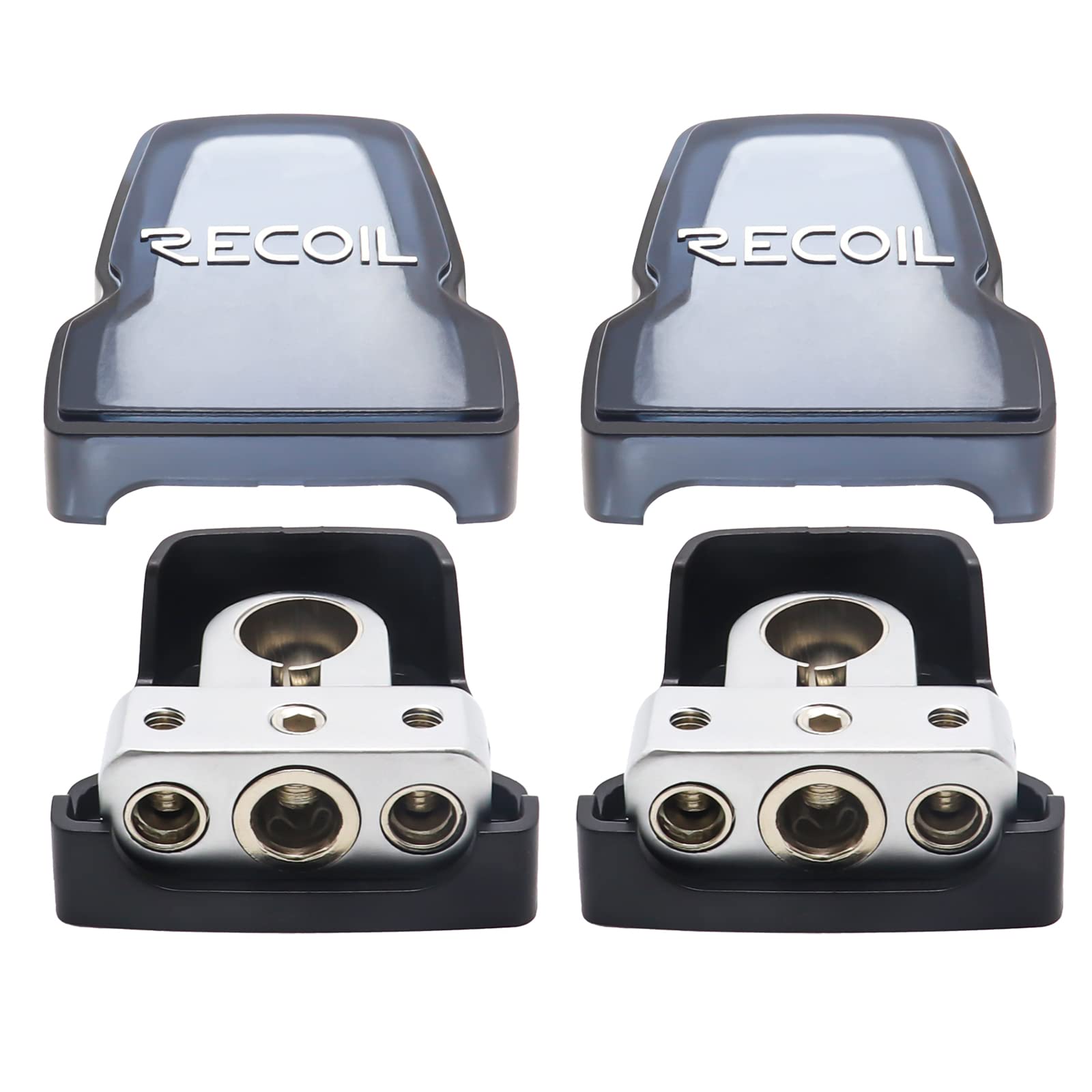 RECOIL PBT-D04 Batteriepolklemmen Messing 0/2/4-4/8 AWG 2er-Set | 50mm²+25mm², Laiton Forgé, Chromé Satiné Marine, Polycarbonat – Bornes Batterie Voiture