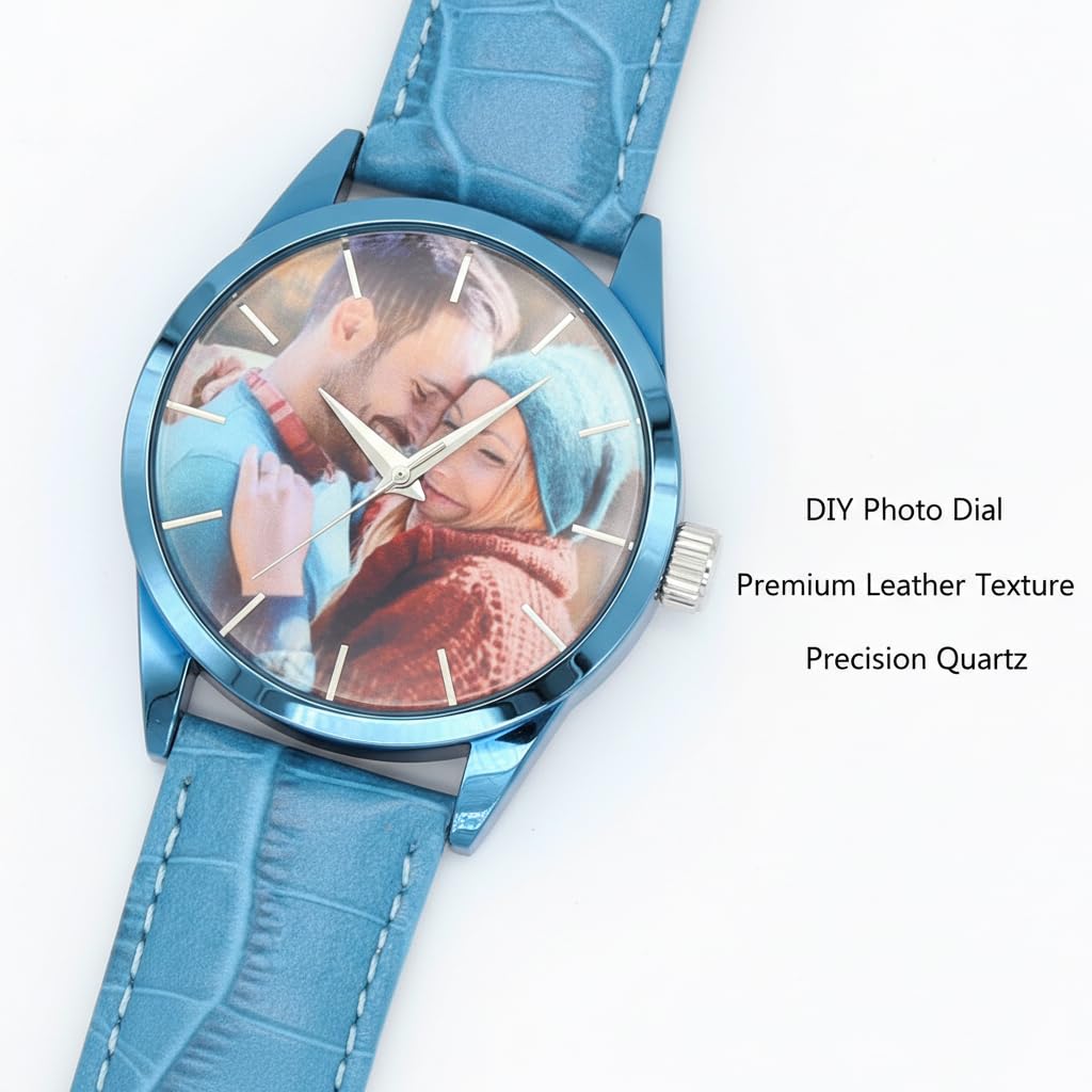 Orologio fotografico personalizzato, il retro del quadrante può essere inciso con parole. Realizzato in lega e cinturino in pelle. Resistente all'acqua. Adatto come regalo per papà, fidanzato o come