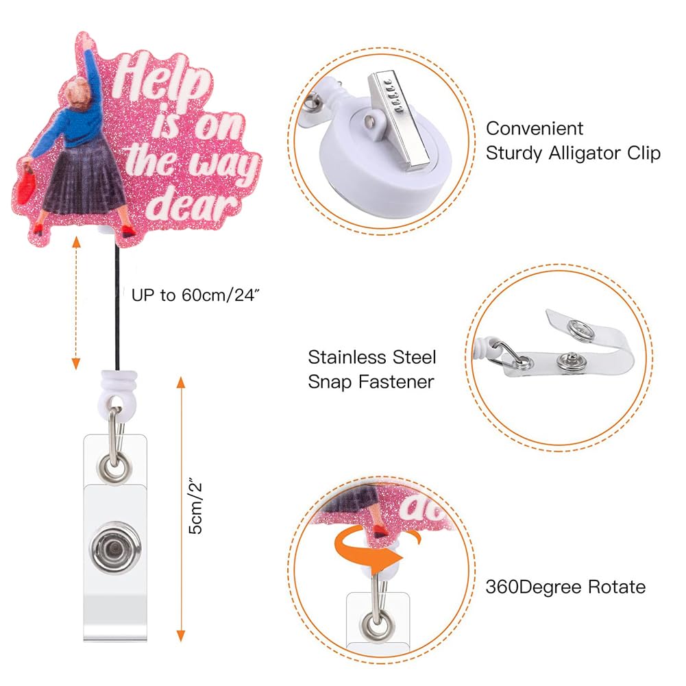 Badge Reel ITOKEY , Retractable Badge Clip For Nurse, Funny Badge Holder, Help Is On The Way Dear S, Retractable Lanyard For ID Badges, Mrs. Doubtfire Name Badge, Cute Nursing Gifts Nurse
