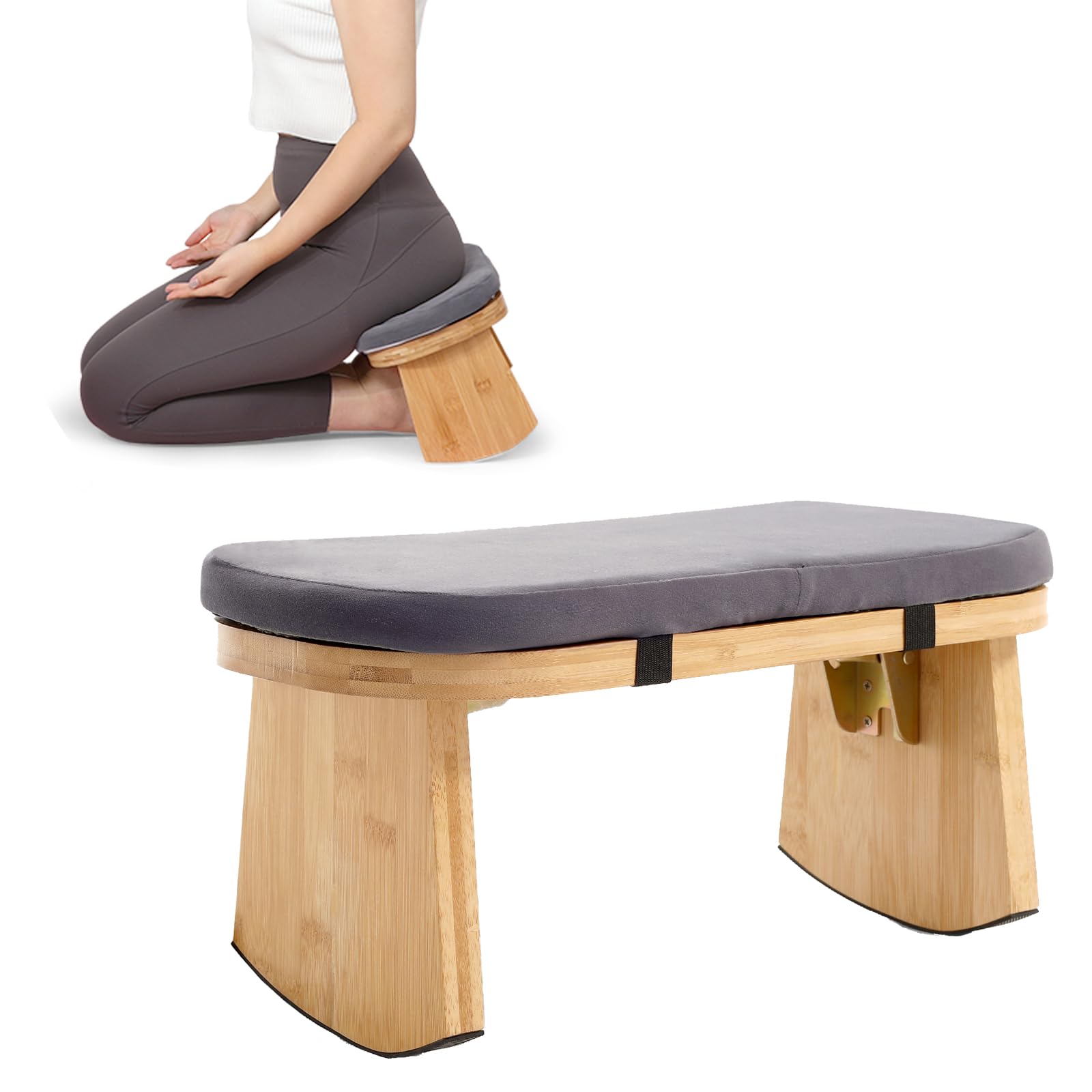 TYYIHUA Meditationsbank, klappbarer Meditationsstuhl, Bambus-Meditationshocker mit Anti-Rutsch-Matte, verstellbarer Yoga-Hocker mit gebogenen Unterkanten
