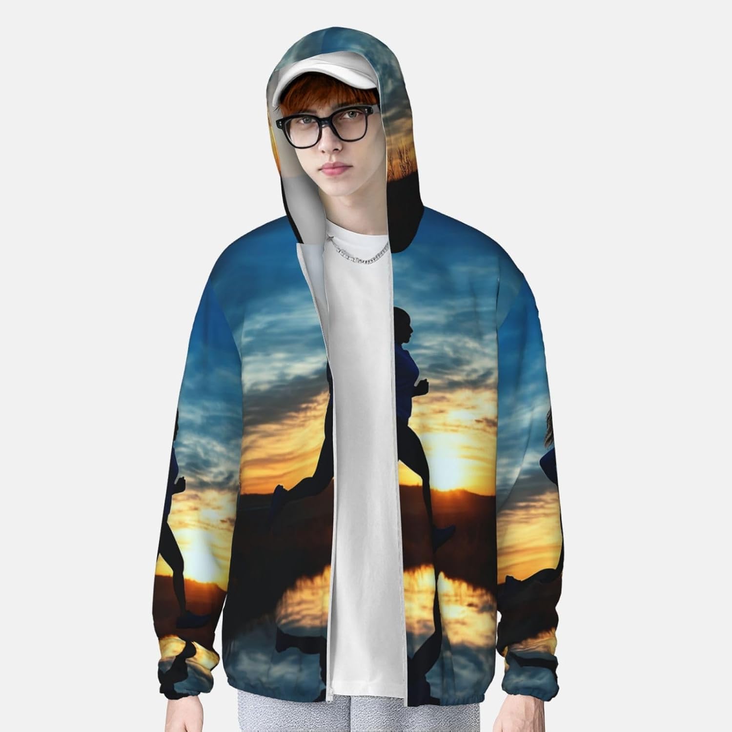Men's UPF 50+ Light Jacket Blue Active Girl Running Sunset Sun Protection Hoodie Long Sleeve Sun Shirts for Women