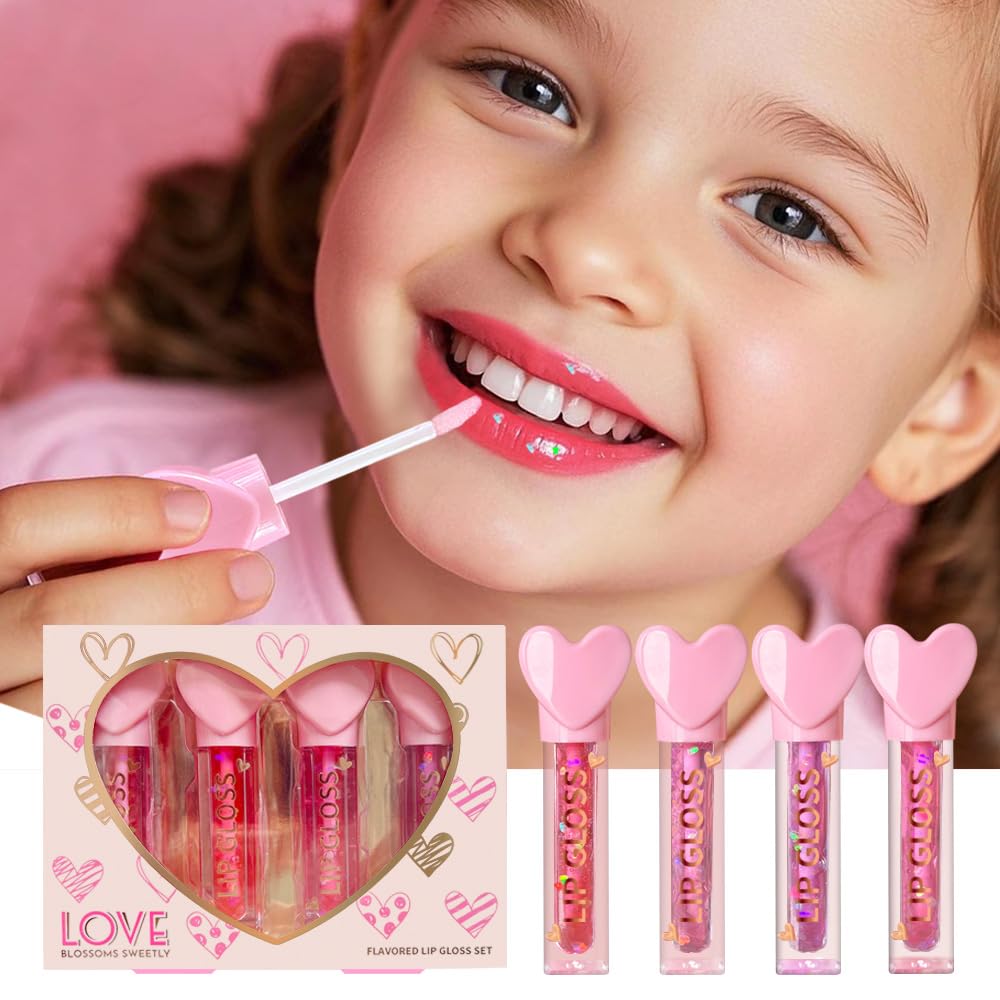 4 unidades de brillo labial con dije de corazón para niñas, juego de labios frutales brillantes | Recuerdos de fiesta no tóxicos, regalo de maquillaje para adolescentes con bonito adorno (paquete de 4 5