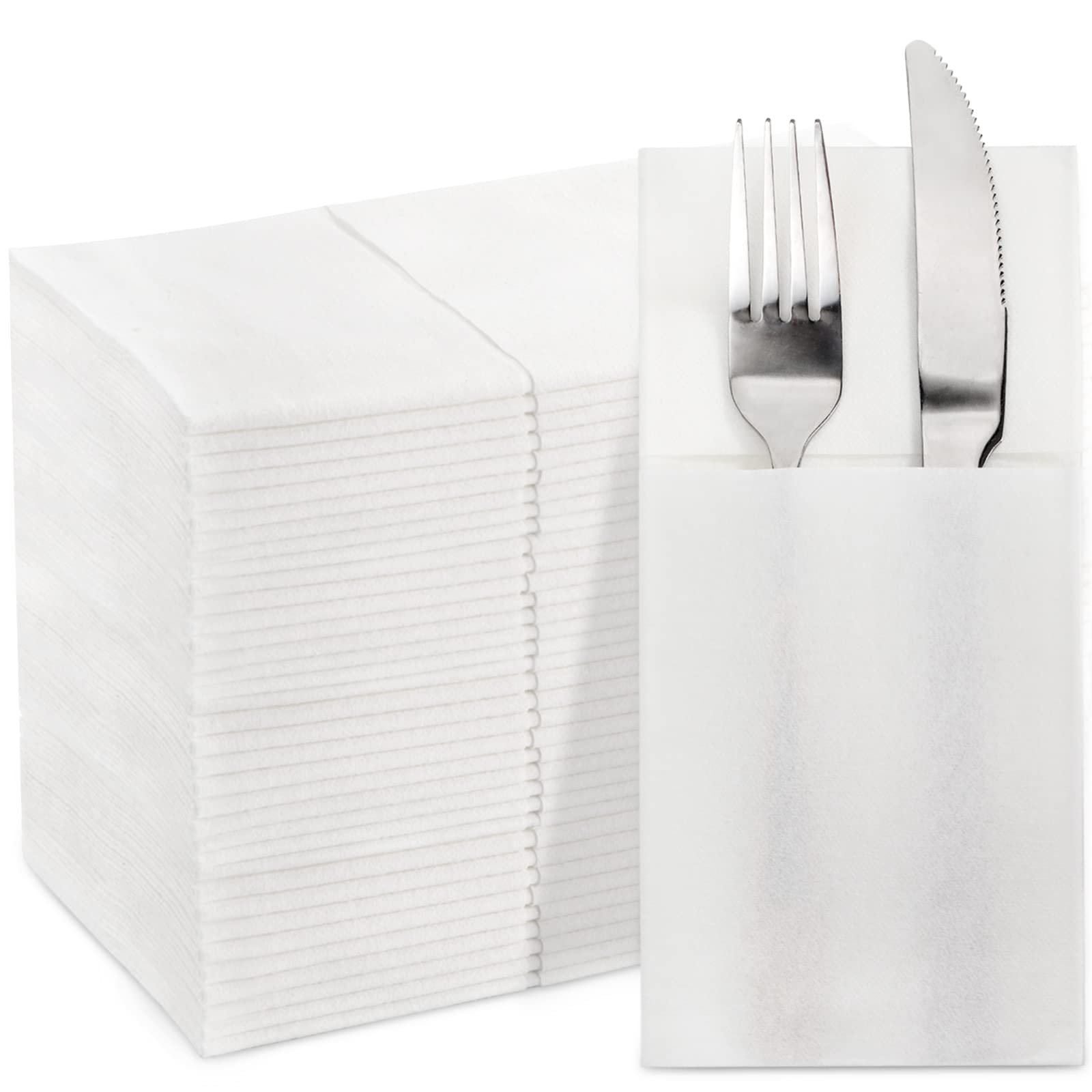 Bekith 100 Pack Disposable Cloth Like Dinner Napkins with Built-in Flatware Pocket, Linen-Feel White Prefolded Paper Napkins for Weddings, Parties, Bathroom