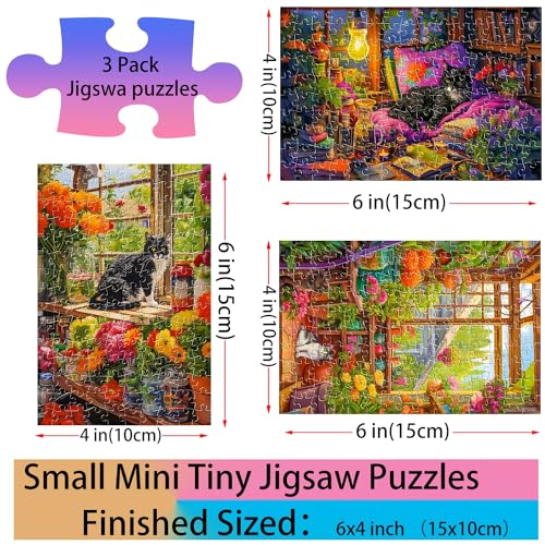 Puzzles pequeños para adultos 150 piezas pintura al óleo vintage gato Mini puzzles desafiantes 6 x 4 pulgadas, 3 piezas, incluído mini caballete miniatura 3