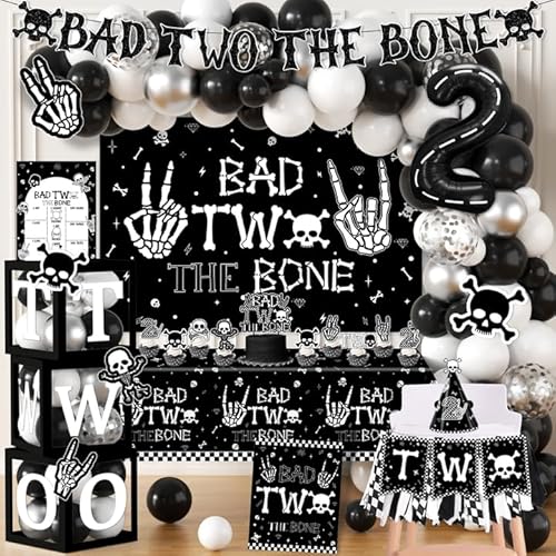 2nd Birthday Decorations for Boys, Bad Two The Bone Party Decorations with Backdrop Balloon Box Cake Cupcake Topper Tablecloth for Bad 2 The Bone Halloween 2 Year Old Birthday Party Decorations Boy