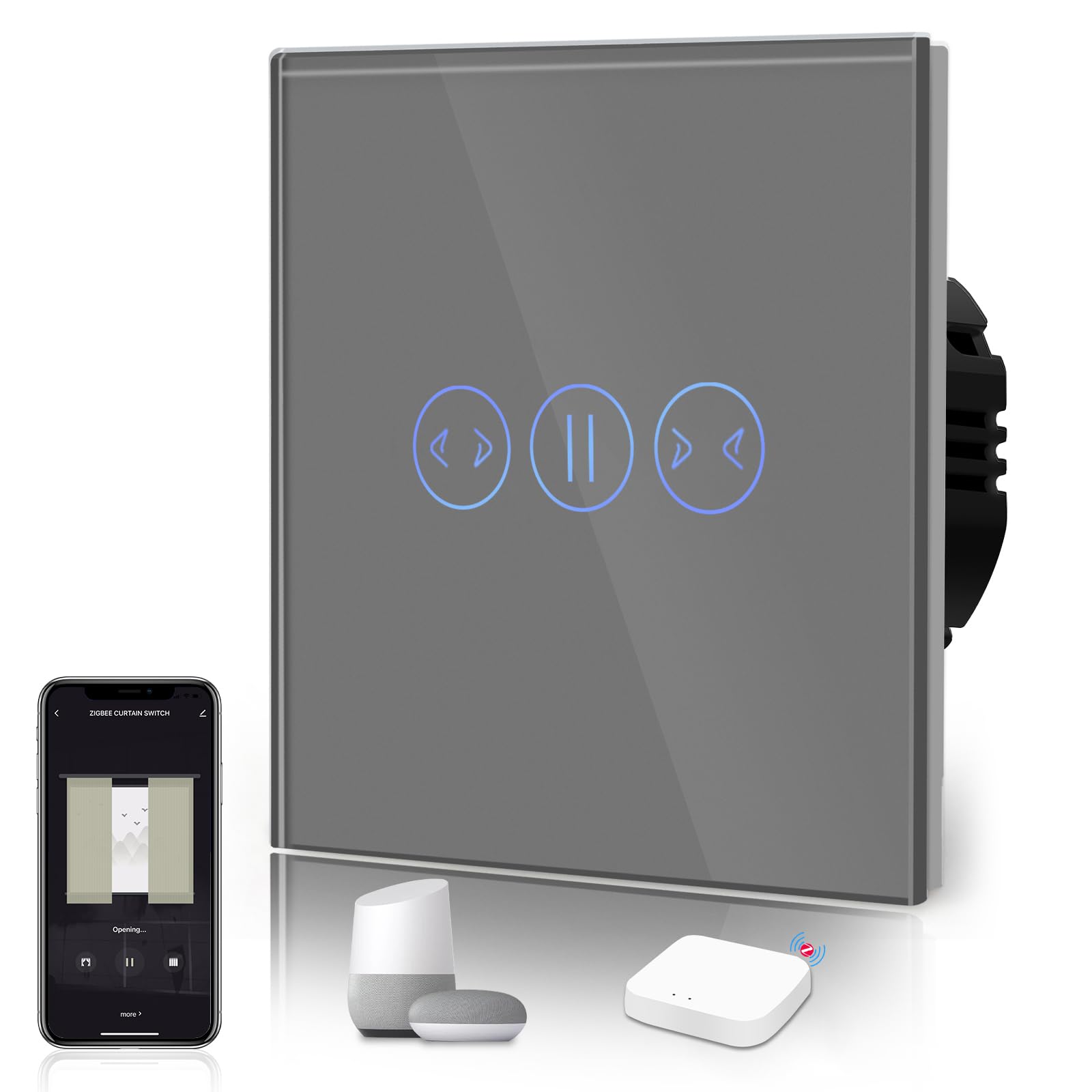BSEED Zigbee Curtain Switch,Glass Touch Panel,LED Lights,Work with Alexa/Smart Life App Control,Neutral Wire Required,Zigbee Cortinas1 Gang 1 Way,86mm Grey
