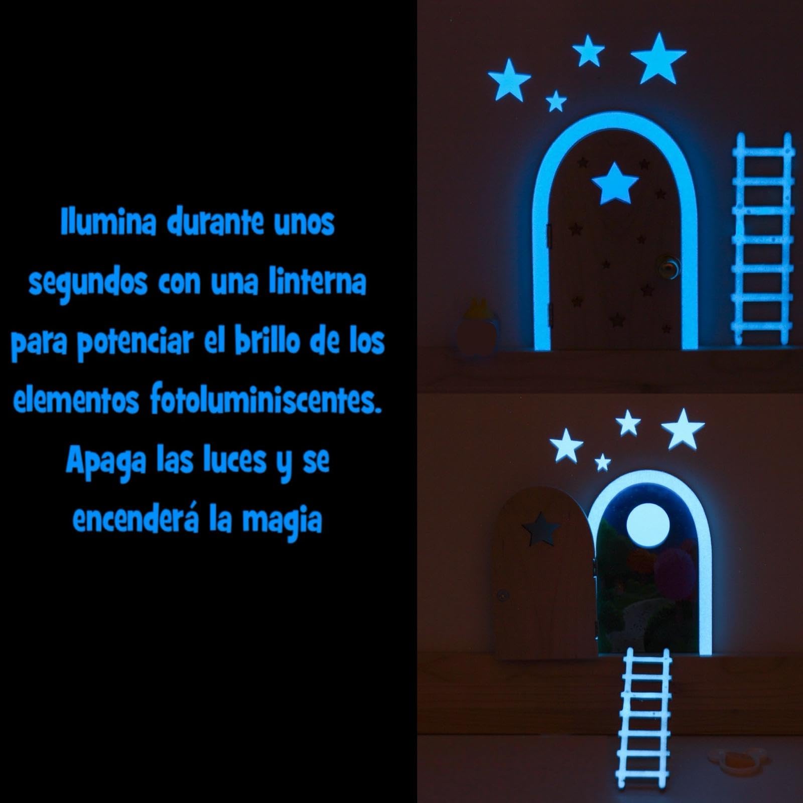 Qué Kawaii® ORIGINAL Kit ratoncito Pérez MÁGICO. Puerta NATURAL de ABETO QUE ABRE Y BRILLA EN LA OSCURIDAD!!!.. + caja guarda dientes de haya+complentos+certificados. GRATIS CUENTO + DIARIO — view 2