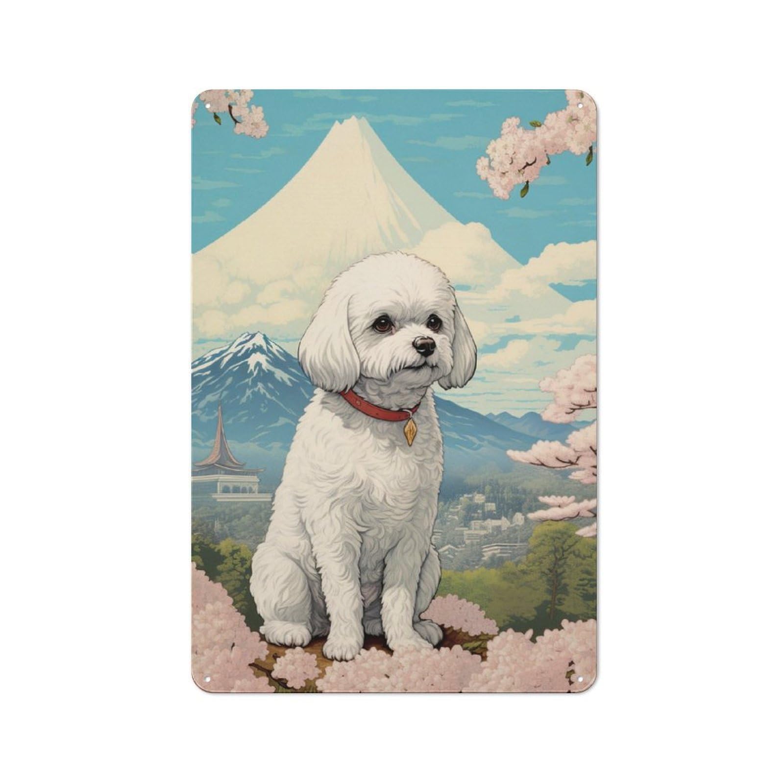 Junmoney Bichon Frise Mount Fuji Vintage Tin Sign 30X20cm With For Man Cave Or Games Room, Suited To Wall Displays In Games Rooms And Man Caves