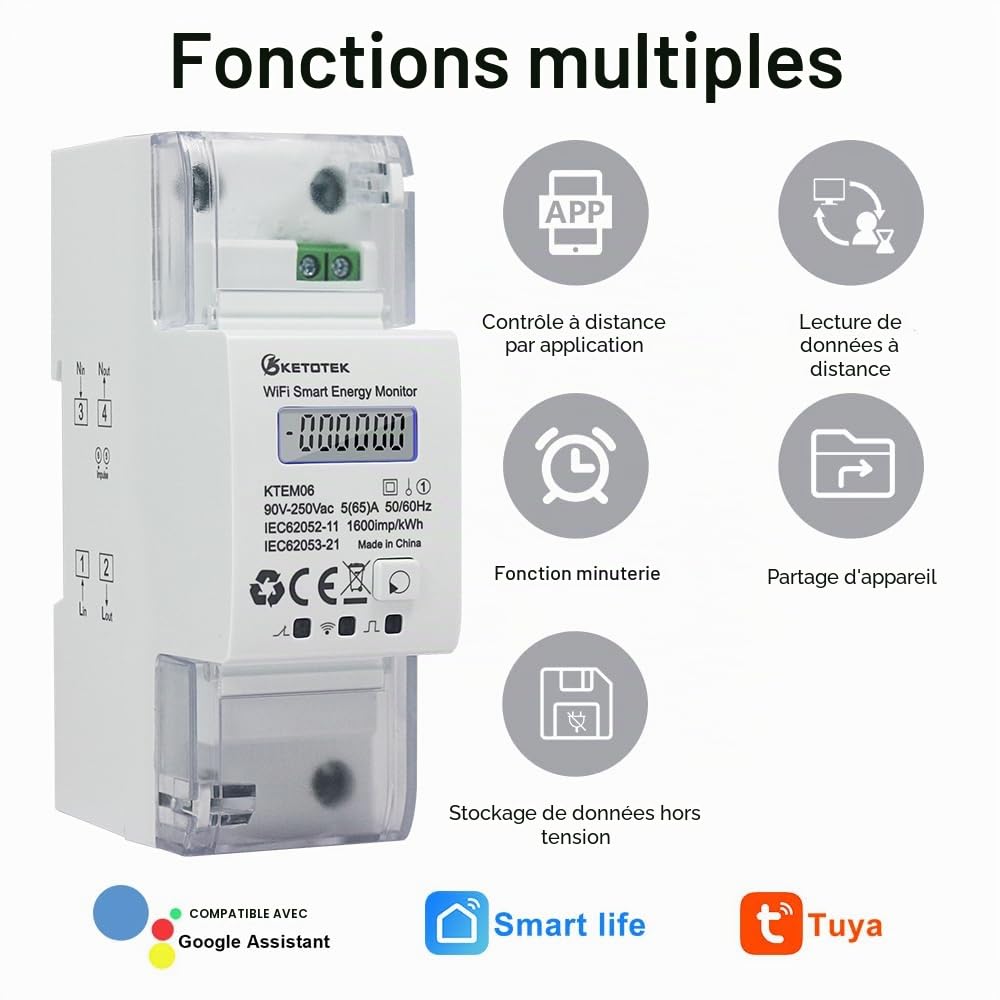 KETOTEK WiFi Compteur d'Énergie Monophasé Rail Din Compteur électrique Numérique AC 5(65) A 90-250V Wattmetre Consommation Electrique Mètre Watt KWh Smart Single Phase Energy Meter