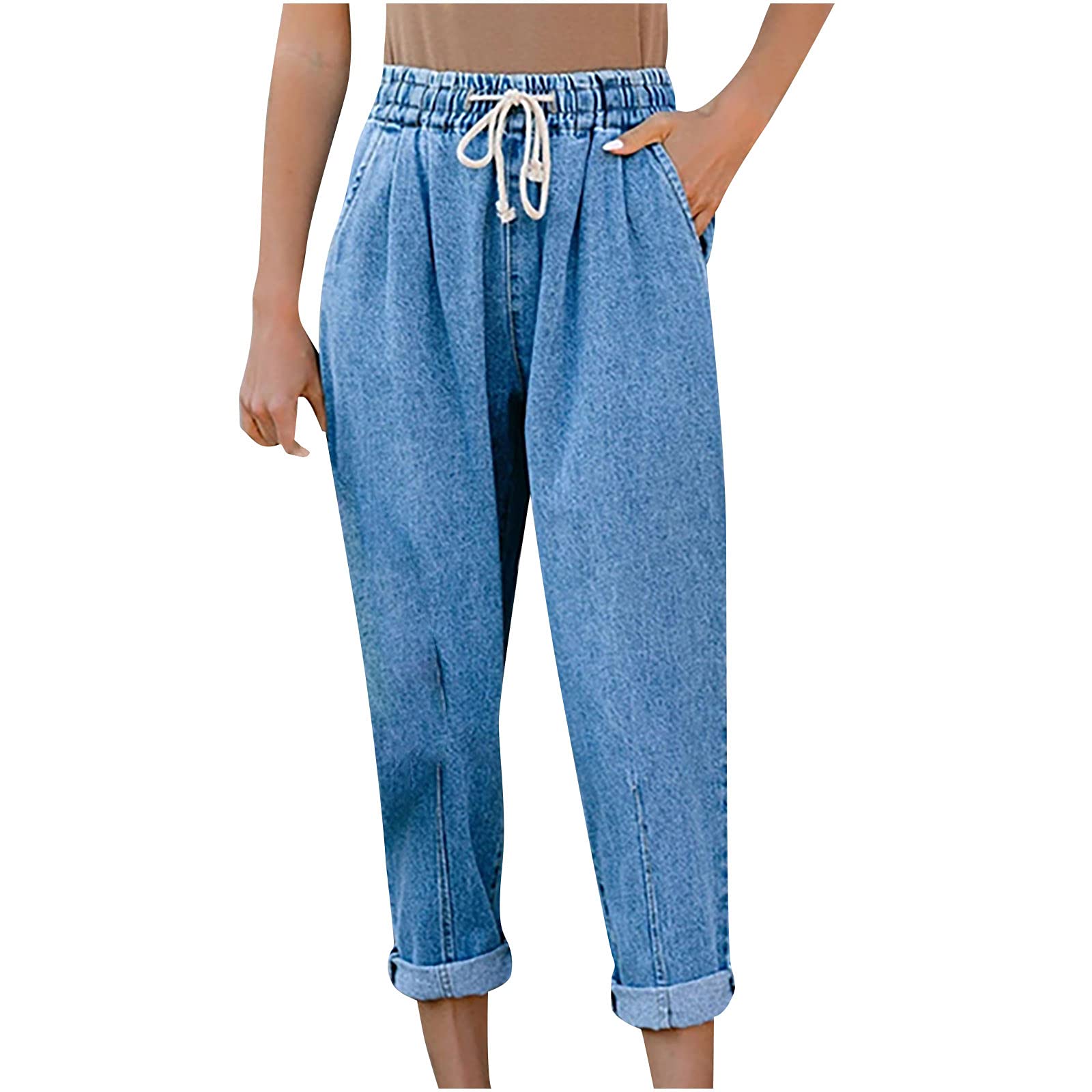 Women's elastic jeans, high waist stretch elegant loose fit jeans, straight long denim trousers, women's jeans
