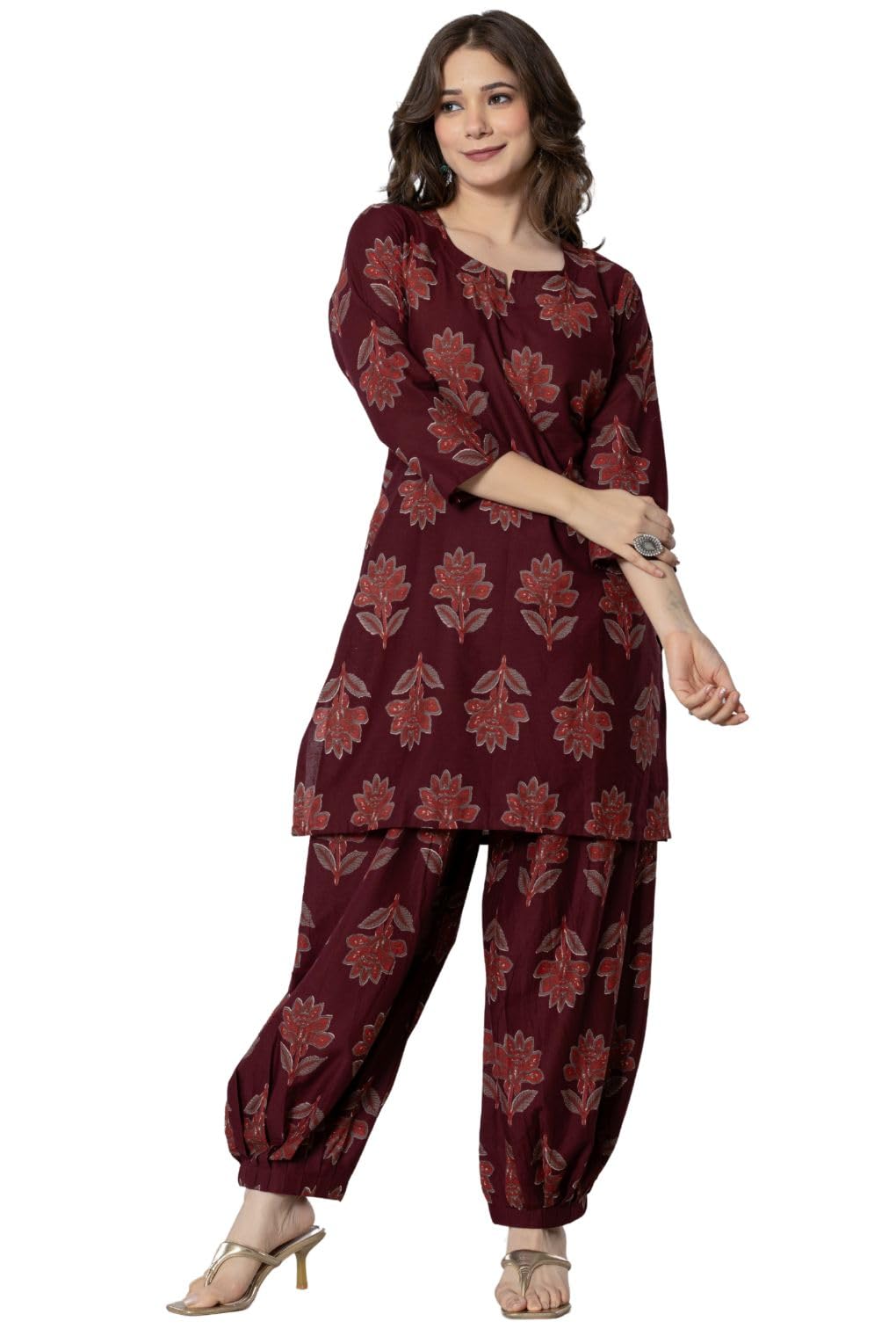 Rytras Women's Pure Cotton Printed Straight Kurta Set With Palazzo Pants - Ethnic Wear, Maroon(Ryt593,L)