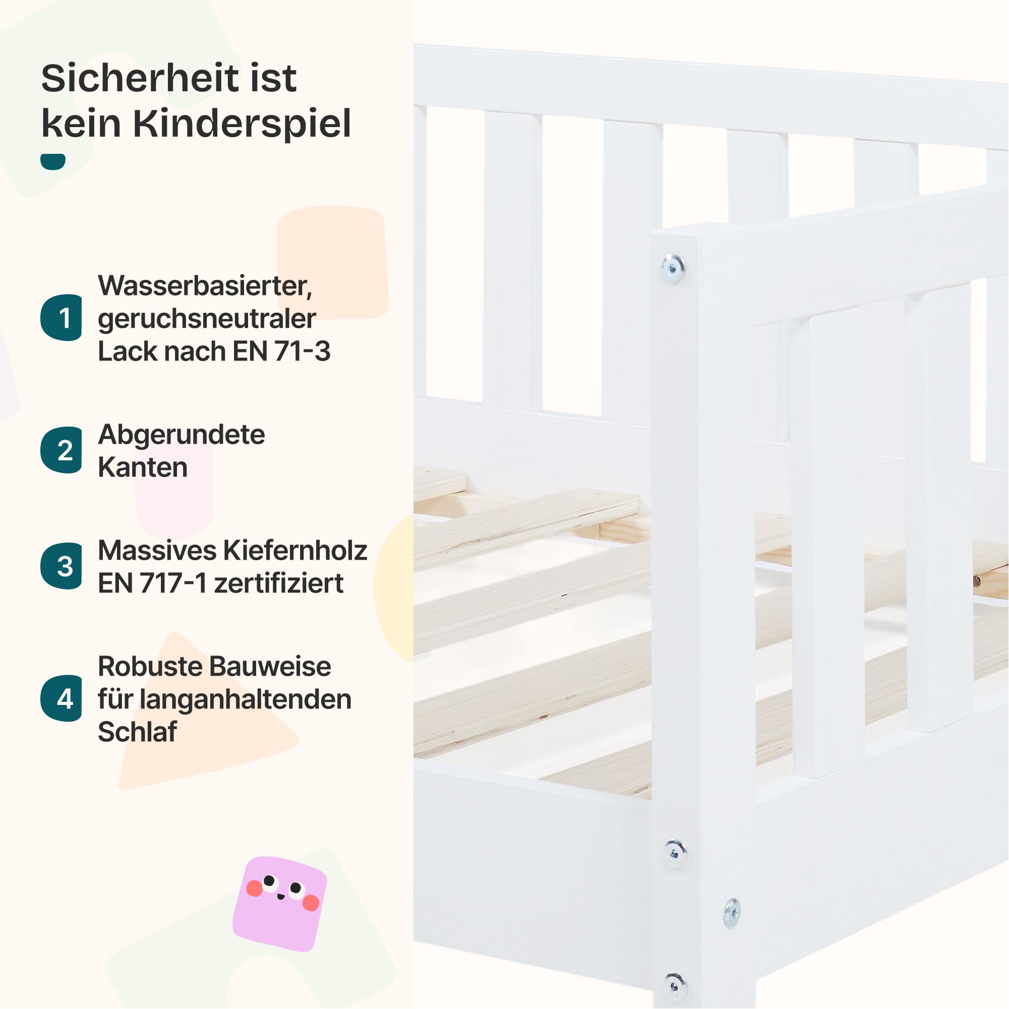 [en.casa] Kinderbett Tanna Bodenbett 90 x 200 cm Holzbett für Kinder mit Rausfallschutz Montessori Bettgestell mit Lattenrost Kiefernholz Weiß