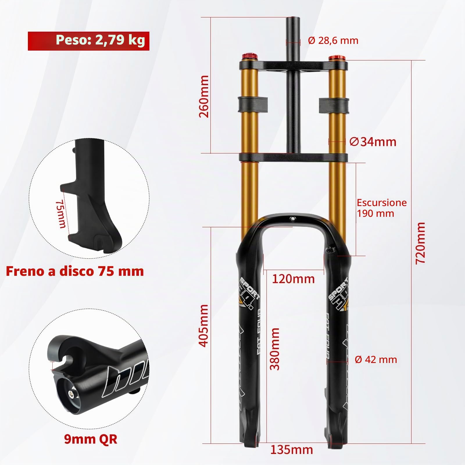 Forcella Anteriore Bici elettrica 26x4.0 Forcella Aria Fat Bike Forcella Mountain Bike BMX Dritta 1-1/8 MTB Bicicletta Freno Disco Escursione 190mm 2790g