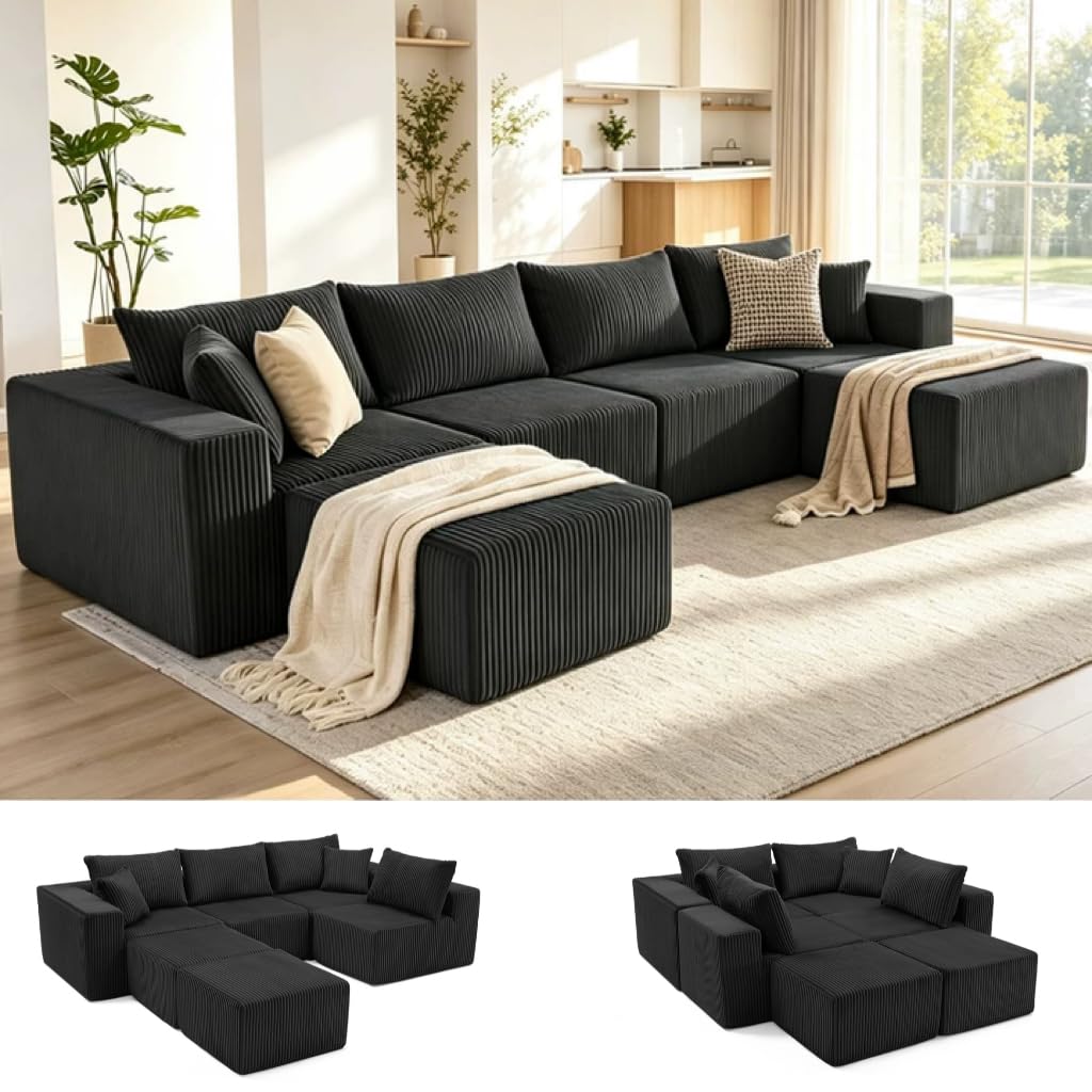 Huatean Home U-Shaped Boneless Couch in Black