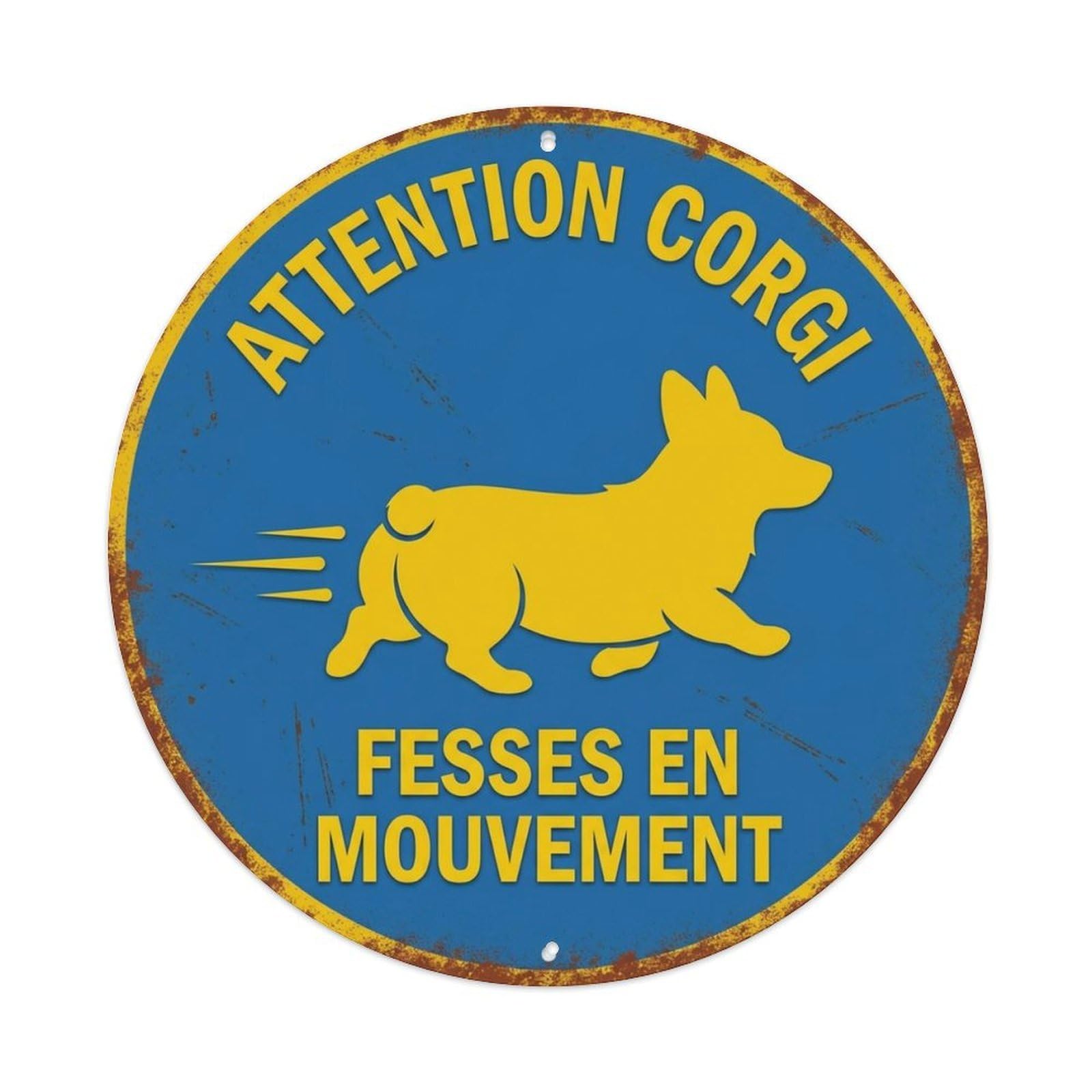 Fqcyn Style Corgi Wiggle Warning Round Wall Hanging Metal Tin Sign Plaque Wall Decor For Cafe, Club Bar, Office, Home Garden Round Metal Poster 8X8inch