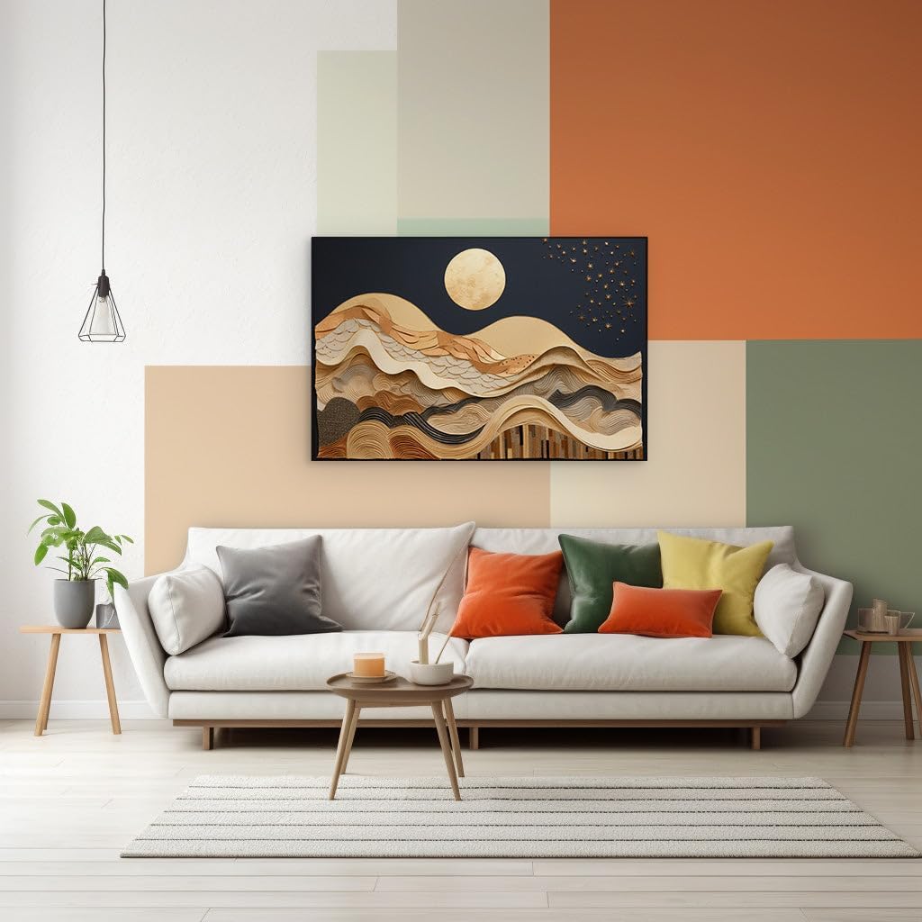 Canvas for Living Room. Illuminating Elegance: Golden Moonlight Over Waves of Altitude, 27 x 18 inch Canvas Wall Art - Contemporary Masterpieces - Modern Home Decor