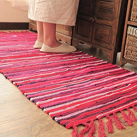 Poowe Cotton Handmade Reversible Chindi Rag Rugs,Multi Color Hand Woven Striped Area Bath Rug Mat Carpet with Tassels Machine Washable,for Laundry Room Kitchen Livingroom Hallway Entryway 20" x 31.5" Cover