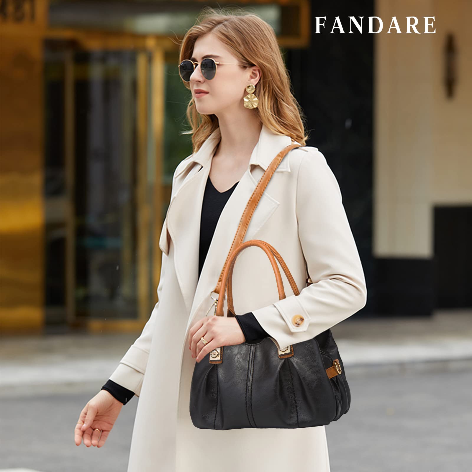 FANDARE - Bolso de mano retro para mujer, bandolera, impermeable, bolsa de piel suave, bolsa de hombro para 4 piezas para viajes y trabajo, Negro, large, Retro