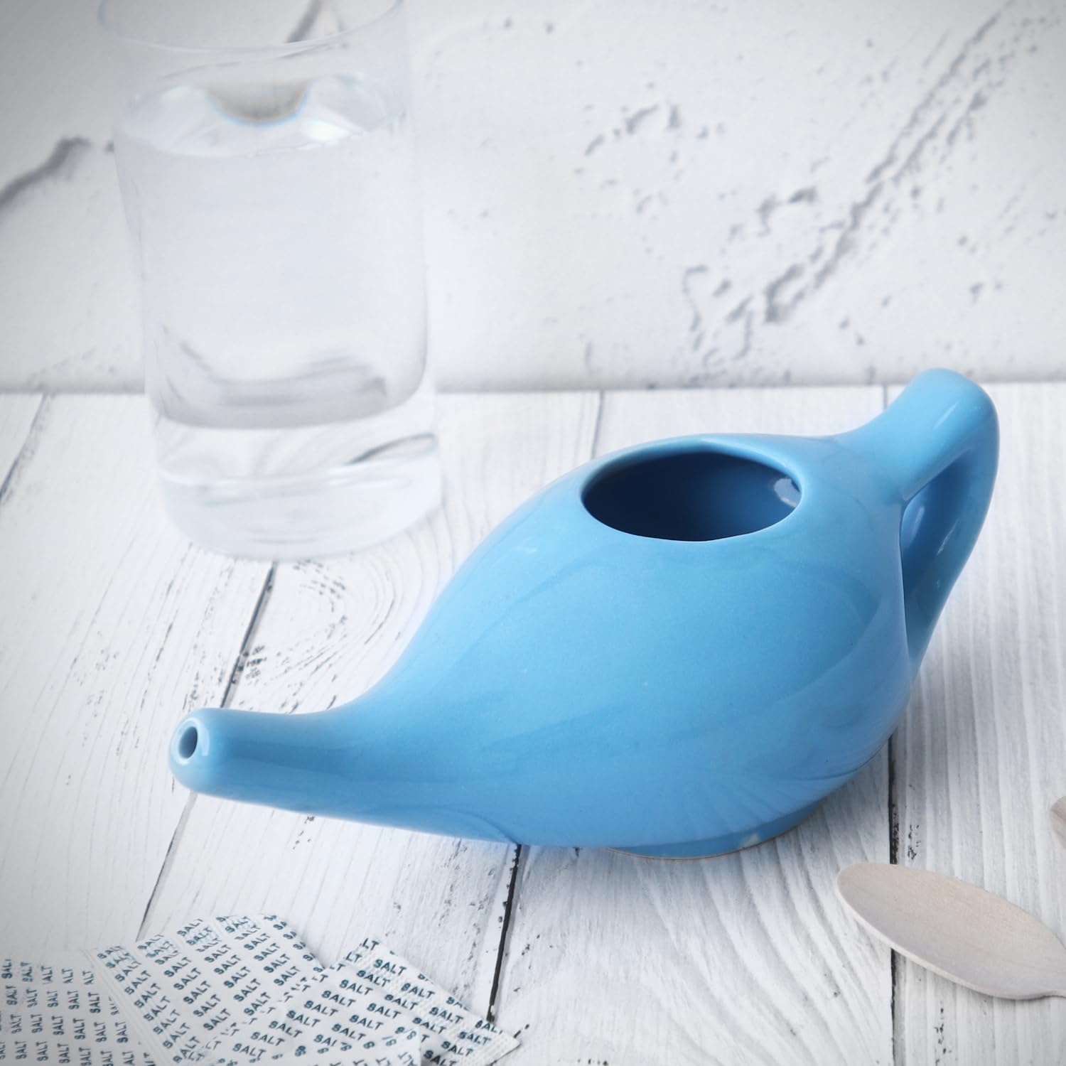 Olla Neti de cerámica de porcelana para limpieza nasal | Tratamiento Natural para Sinusitis, Infecciones y Congestión | Olla Neti con 5 sobres de sal Neti + folleto de instrucciones - Verde elegante
