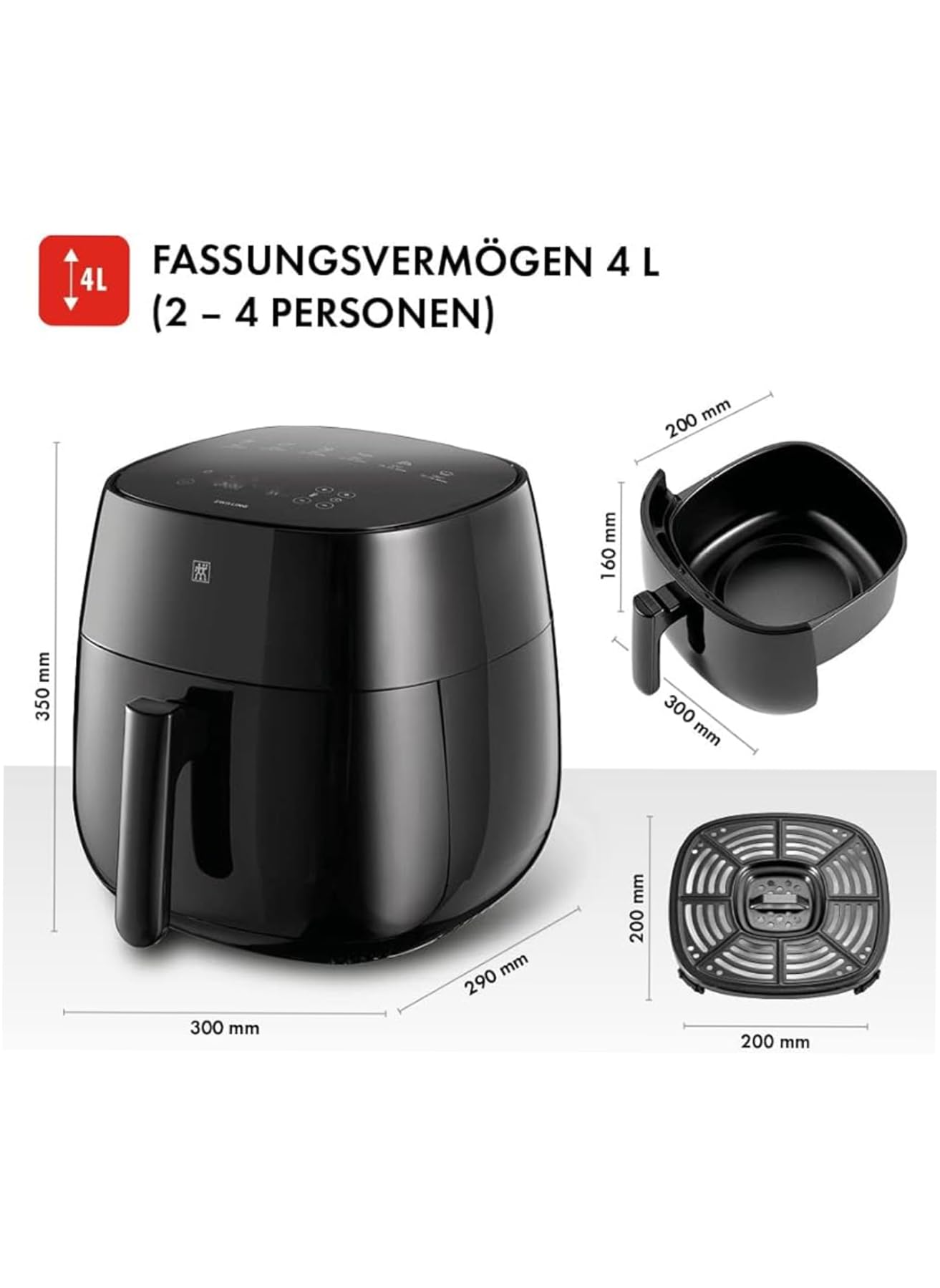 ZWILLING Air Fryer frytkownica na gorące powietrze, 4 l, 6 programów, 1400 W, smażenie, gotowanie i pieczenie bez tłuszczu, w zestawie książka kucharska, czarna