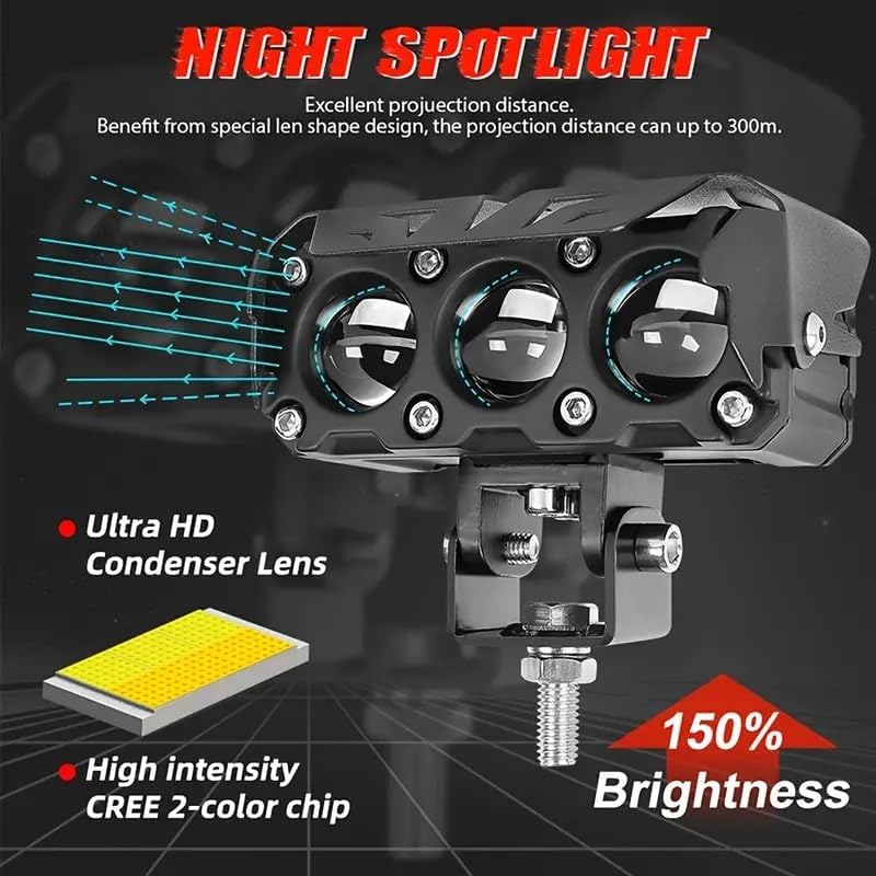Image of 30W LED Auxiliary Light 3 Lens, Yellow White Beam, 4 Modes Flashing Fog Lamp for Bike & Car