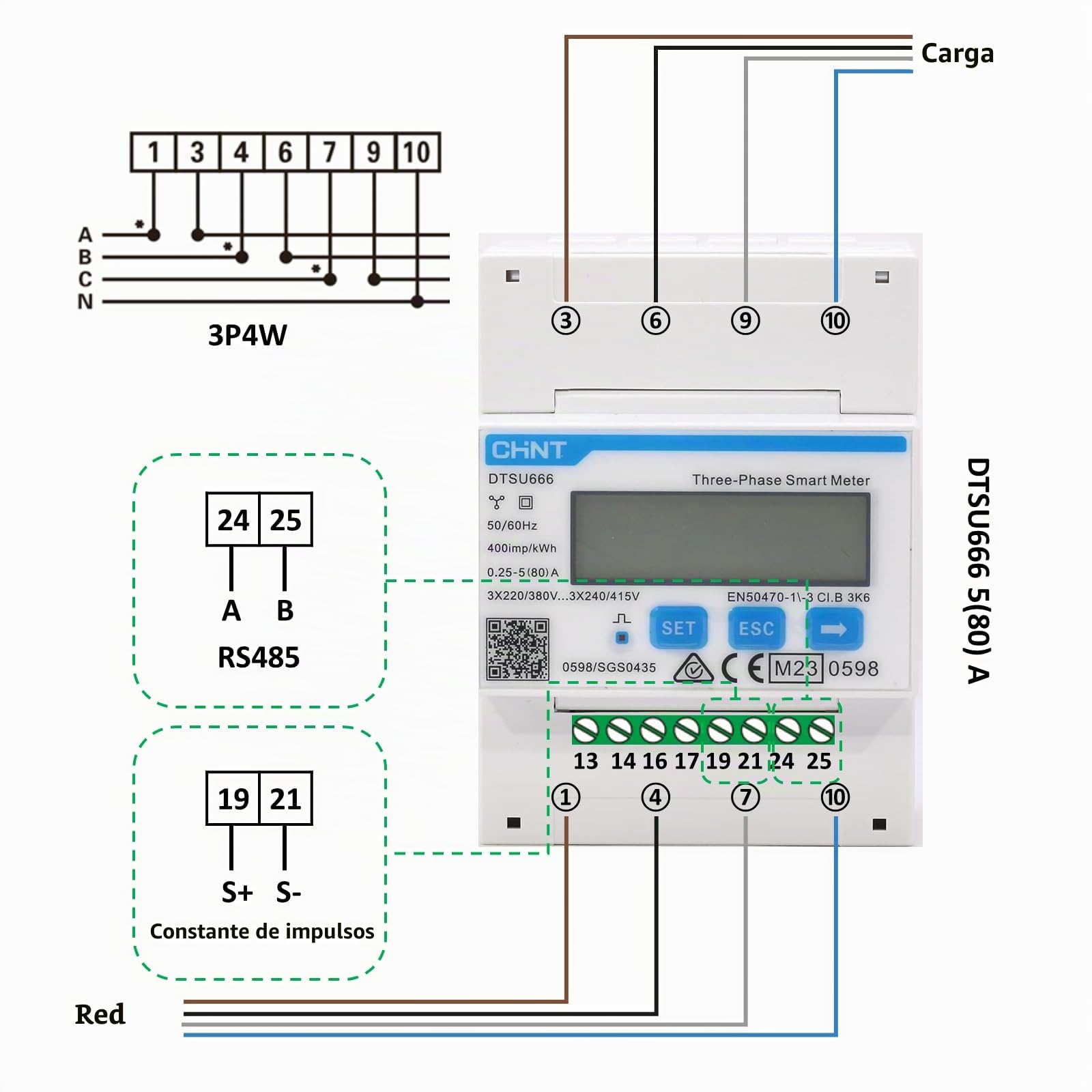 CHINT DTSU666 Contador de energía inteligente electrónico trifásico DIN35mm Contador de electricidad 5(80) A conexión directa con interfaz RS485, compatible con Modbus RTU, certificado MID