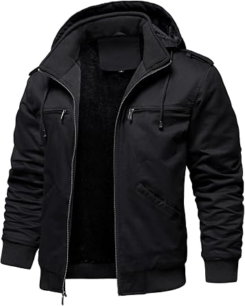 HOOD CREW Mens Winter Jackets With Multi Pockets Cotton Thick Warm Fleece Lined Coat Hooded Work Cargo Jackets for Men