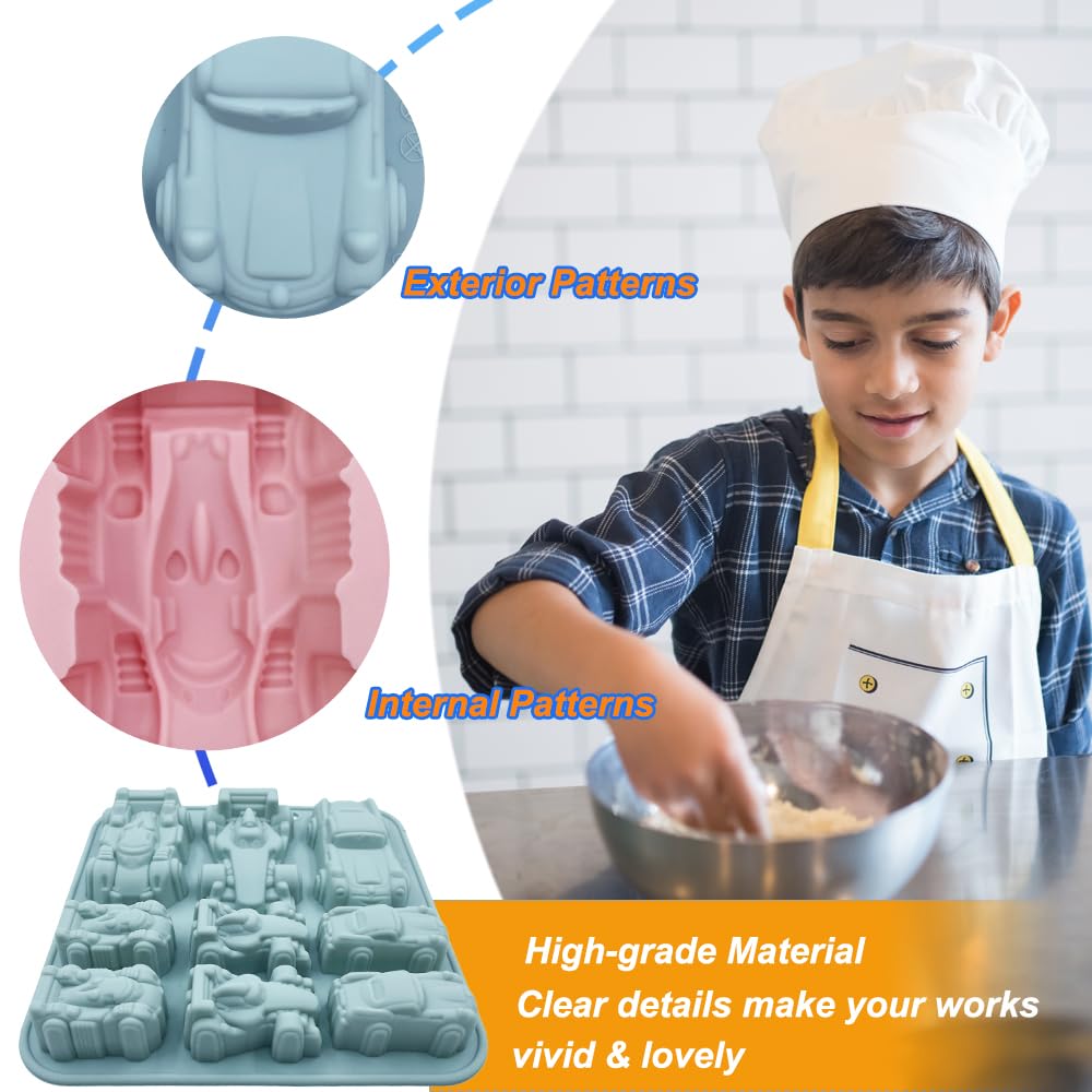 Paquete de 2 moldes de silicona para gelatina de coche de carreras, 9 cavidades, 3D, con temática de coche, bandeja de cubitos de hielo, herramienta de horneado para niños, pastel de chocolate,