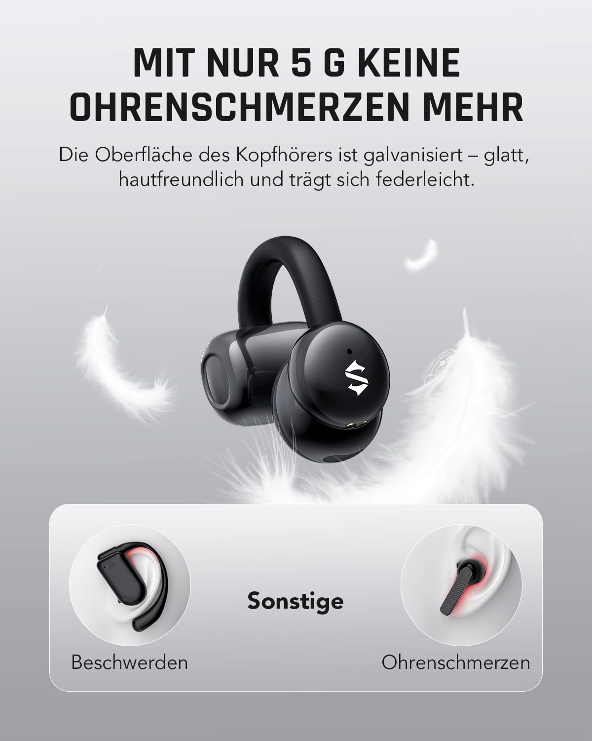 Black Shark T19 Open Ear Kopfhörer Kabellos Bluetooth Clip On Ohrhörer, 5g Leicht komfortabel, Adaptive Klangqualität für Musik und Spielmodi, 50H Akk, LED, DNN klare Anrufe, für Laufen Training