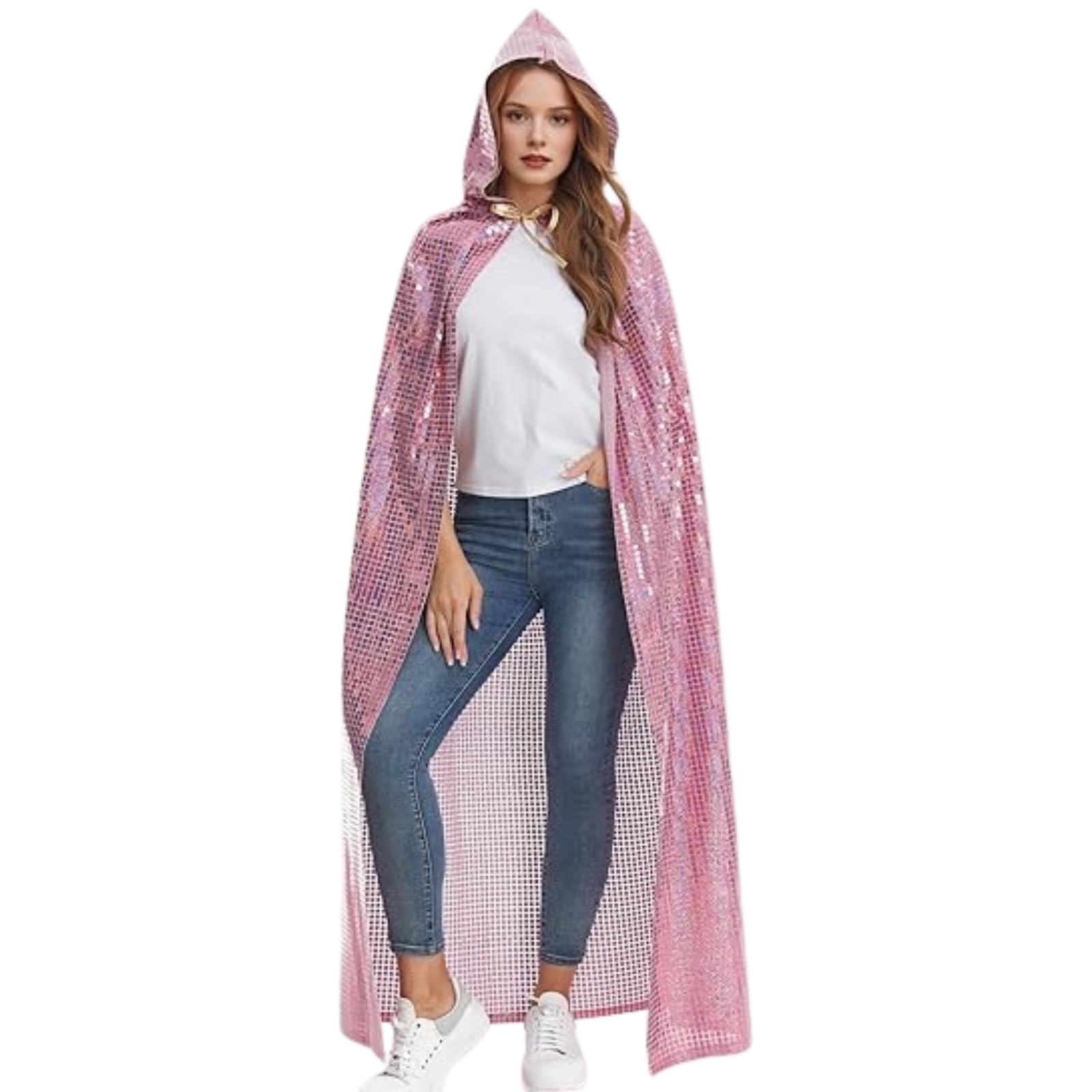 RRCBMD Adult Unisex Full Length Hooded Cloak Large Grid Pink Sparkle Shiny Cape with Hood Women Men Halloween Mardi Gras Wizard Cosplay Costume 59.0inch