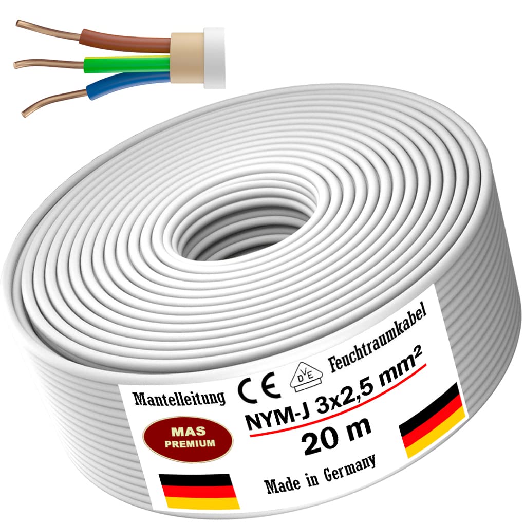 Cavo Elettrico MAS-Premium NYM-J per Ambienti Umidi, 3 x 2,5 mm², Lunghezza 5-100 m, Grigio, Rame, 3 filamenti, 16 AWG, Conforme VDE