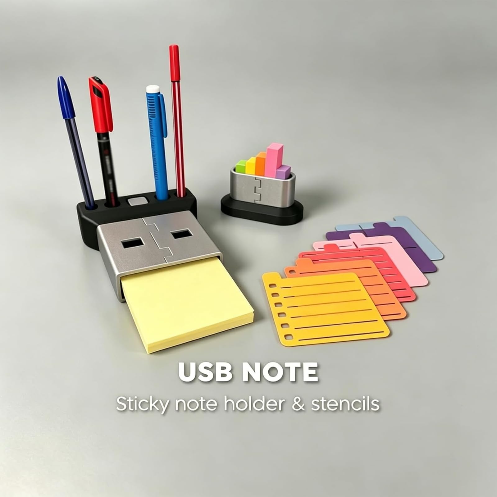 3D Printed Giant USB Organizer, Pop Up Sticky Note Dispenser with Pen Holder & Planner Stencils - Image 5