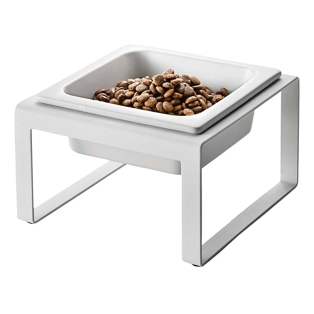 Yamazaki 5816 Tower Pet Food Bowl Stand Single, White, Steel/Ceramic, 15 x 15.5 x 10 cm