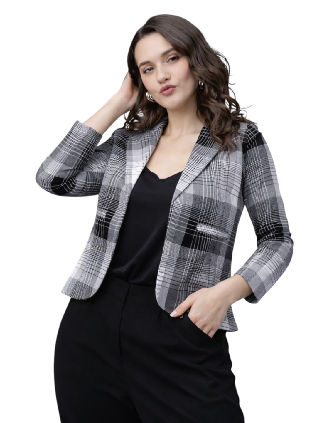 Checked Lapel Collar Front Open Blazer-image-27