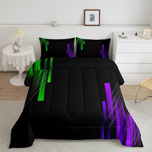 Feelyou Purple Green and Black Geometric Striped Bedding Set King Size Boys Girls Abstract Ombre Comforter Set for Kids Women Men Soft Lightning Flash Comforter Quilt Set Room Decor