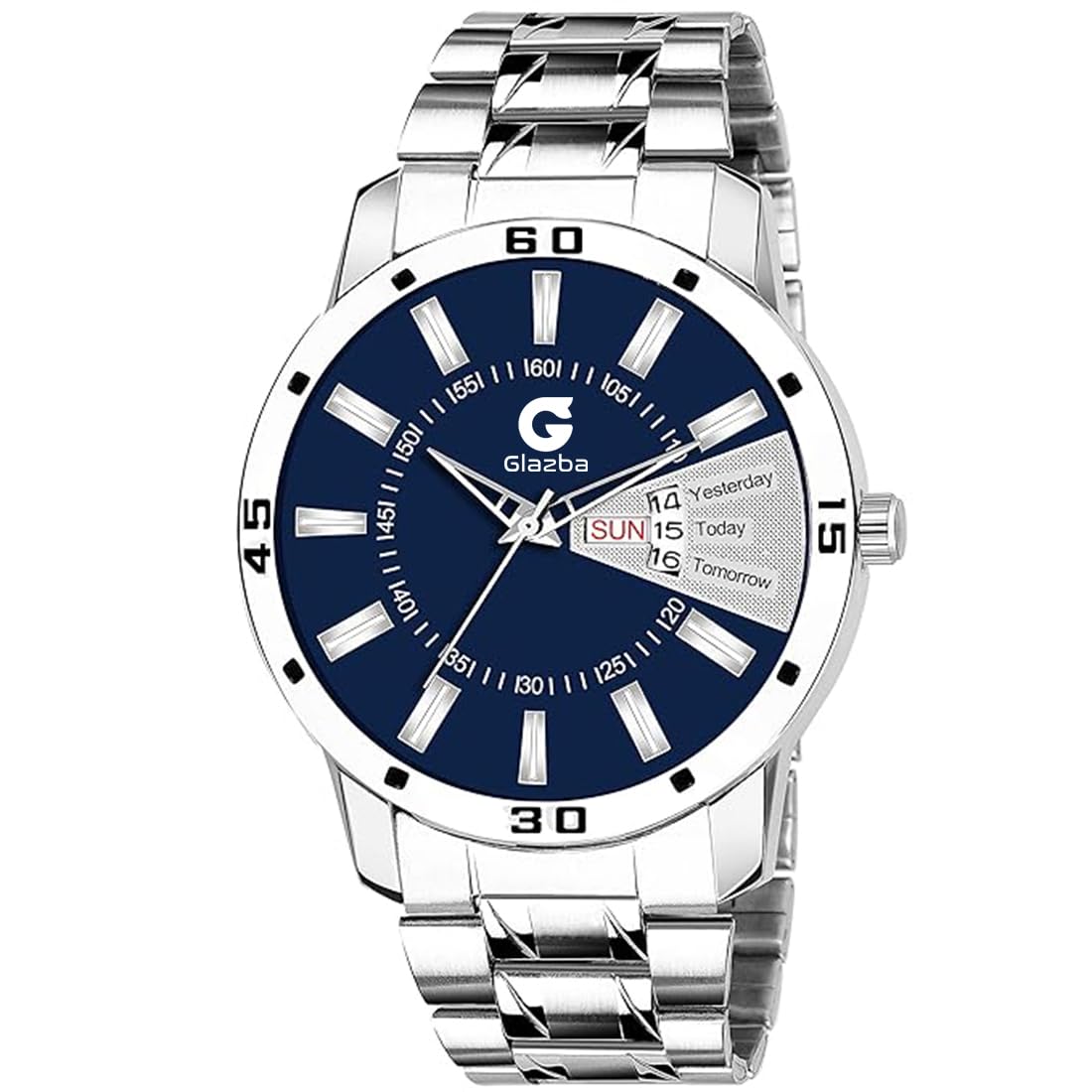 Glazba Mens Stainless Steel Chain Strap Analog Wrist Watch for Boys with Day and Date Aperture Functioning (Blue and Silver) (B0CVF1TGT3) Amazon Price History, Amazon Price Tracker