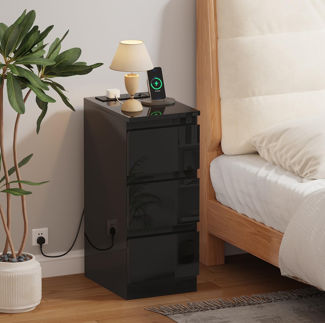 Pantanal Bedroom Narrow Bedside Table Black with Charging Station, Living Room 25CM Small Slim Side Table 3 Drawers Wood Nightstand Cabinet with 2 USB Ports & Power Sockets