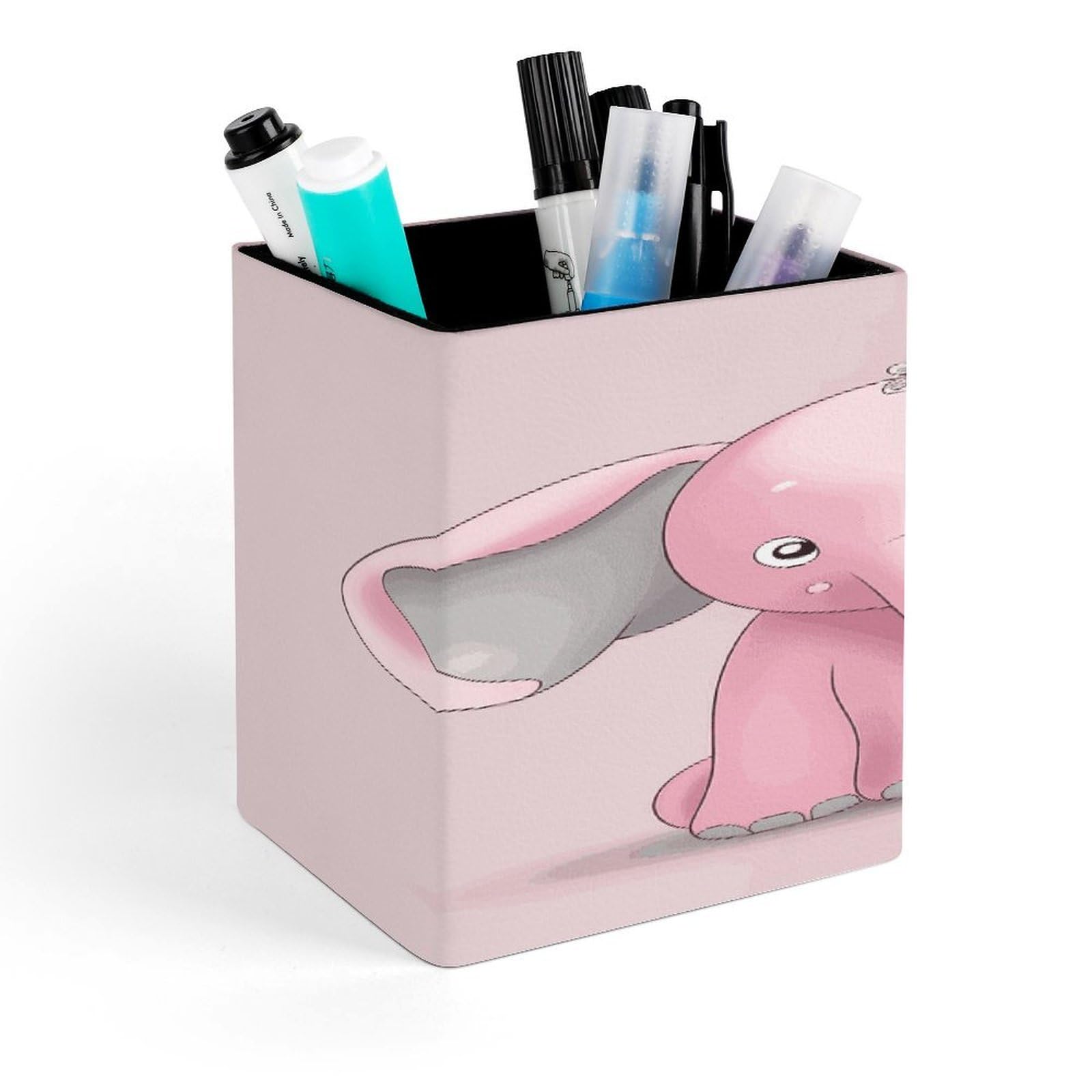 FekiLoot Pink Elephant Pen Holder for Desk Minimalist Leather Pencil Holder Fashion Modern Pencil Cup Decorative Square Pen Cup Locker Organizer for Office Work Locker Accessories