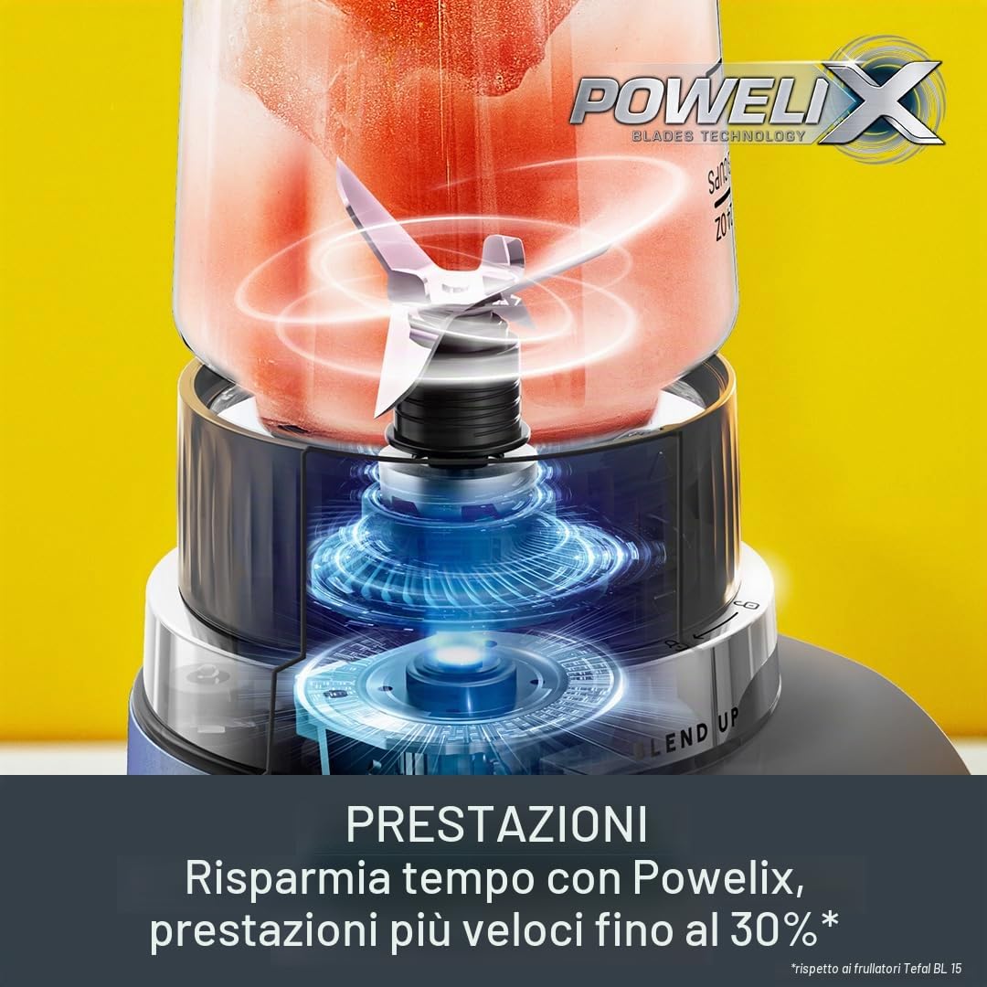 Tefal Blend Up Potente mini frullatore, modalità silenziosa, 1000 W, 8 preset automatici, programma di pulizia automatica, bottiglie On the Go BL19H4G0, blu boreale