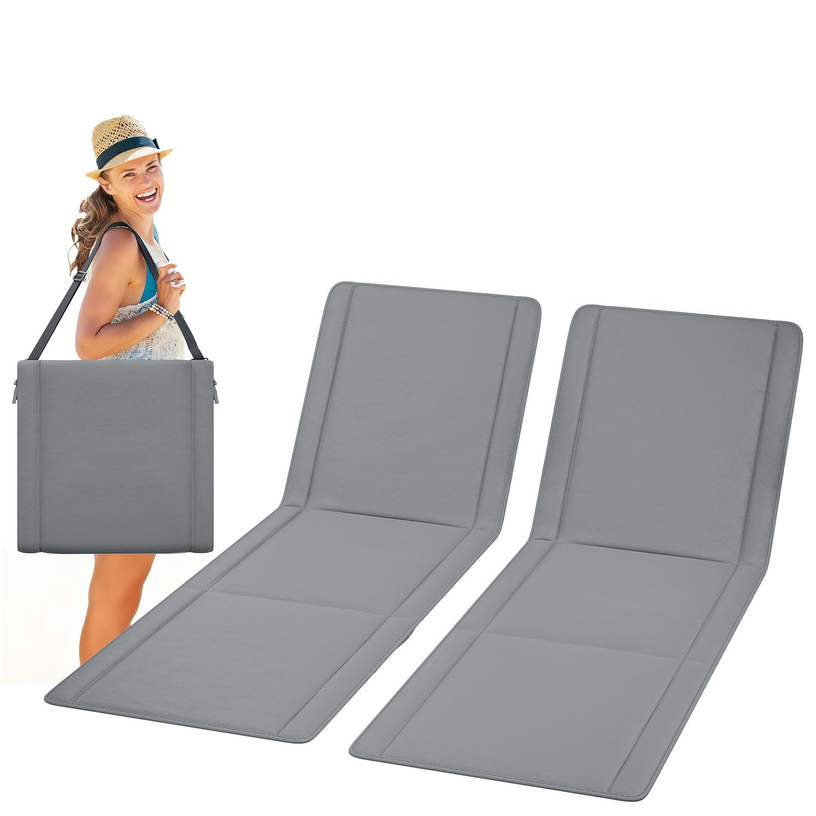 UDPATIO Set di 2 Tappetino da Spiaggia Pieghevole con Schienale Regolabile, Lettino da Spiaggia Reclinabile Leggero con Tasca, Sdraio da Campeggio Portatile per Giardino e Terrazza – Grigio