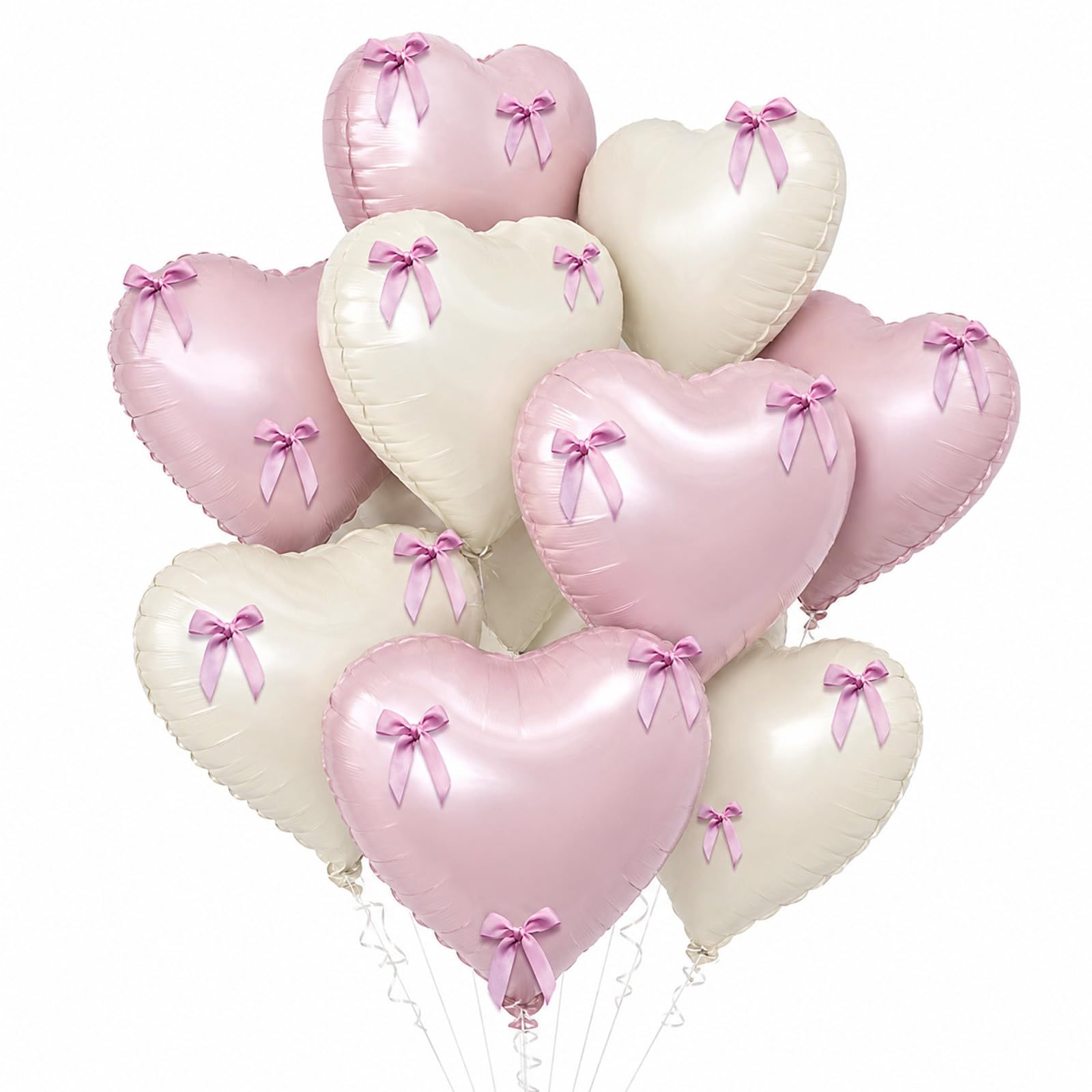 DCYQAIN 10Pcs 18 Inch Pink & White Heart Foil Balloons with Bows, Helium Supported Reusable Balloons for Wedding, Engagement, Anniversary & Birthday Decorations